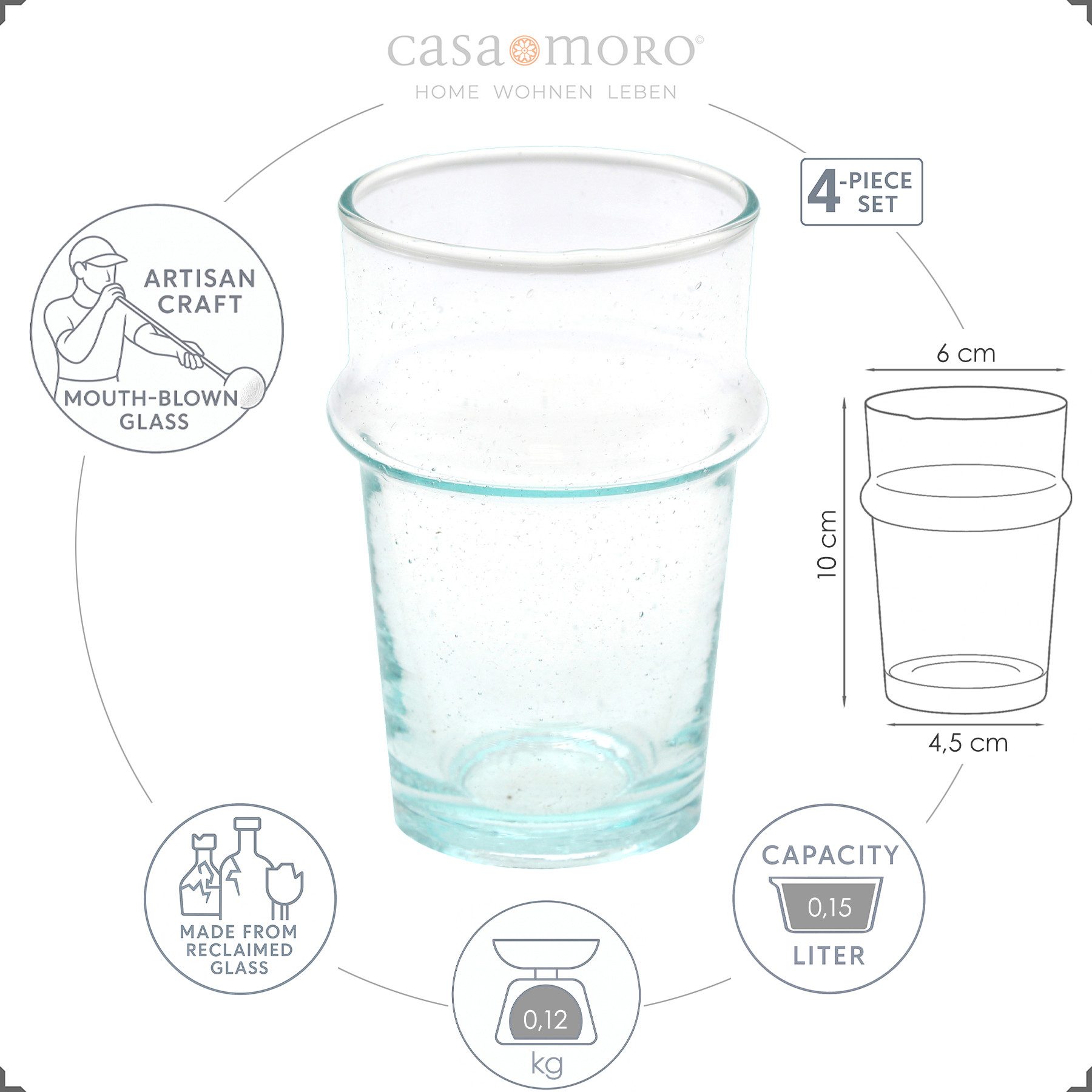 Casa Moro Gläser-Set Kaffee Gläser Set 4er transparent Teegläser Dessertgläser Espresso, 4-teilig, 150 ml je Glas, für Kalt- und Heißgetränke, mundgeblasen