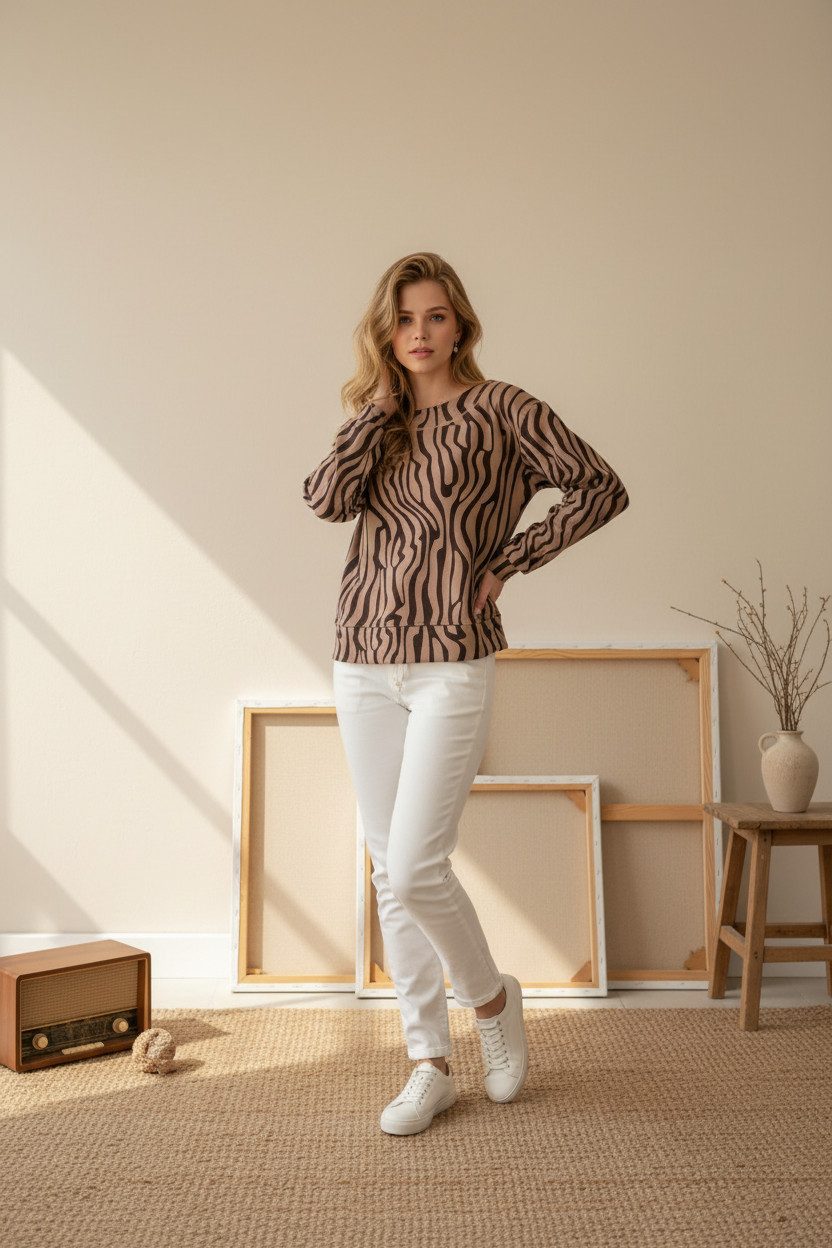 Zuckerwatte Sweatshirt mit modischem Alloverdruck aus Viskose mit Elasthan