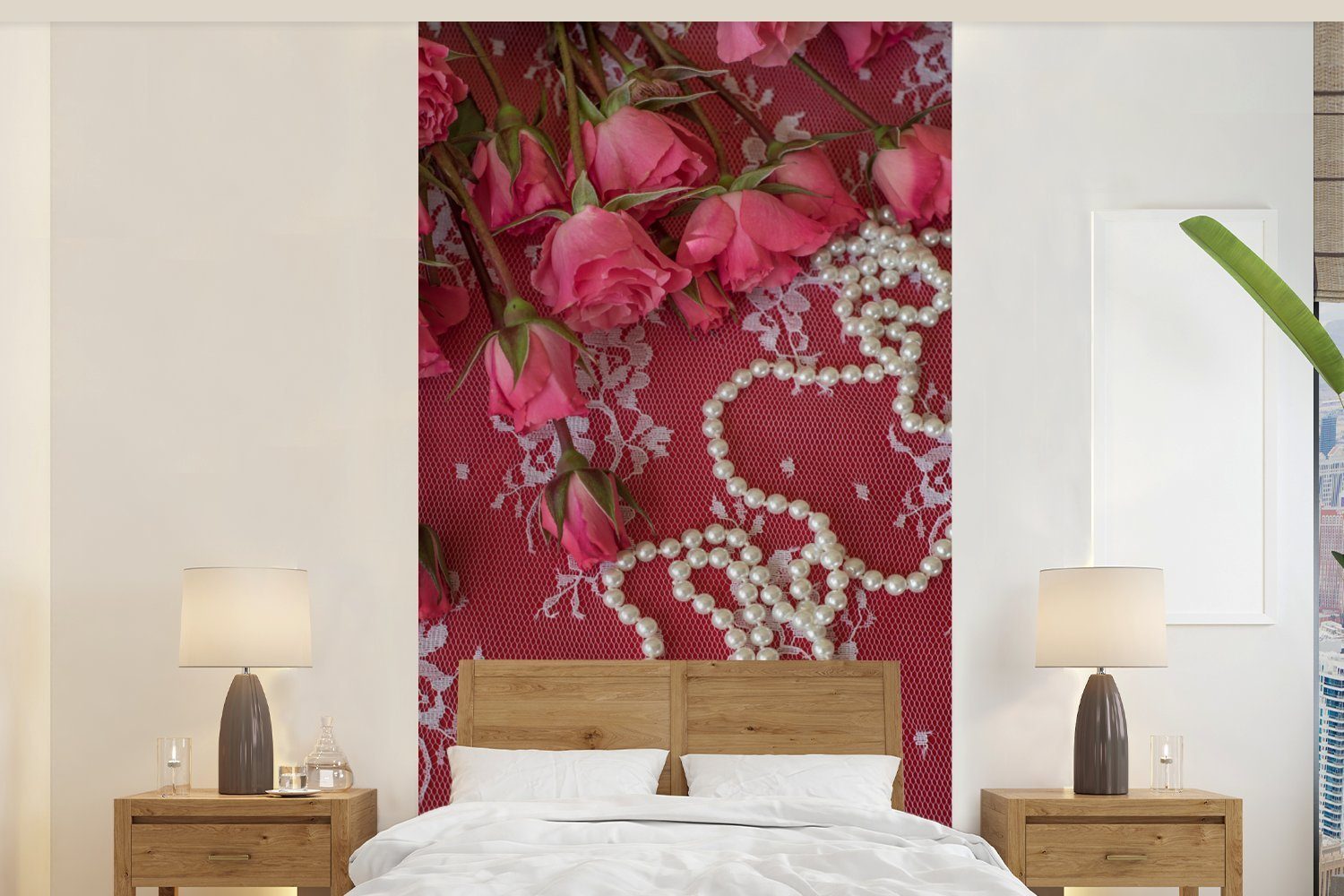 Fototapete für bedruckt, Wohnzimmer Küche, Fototapete rosa entlang MuchoWow Perlenketten mit Schlafzimmer Vliestapete Bouquet St), (2 Matt, Rosen,