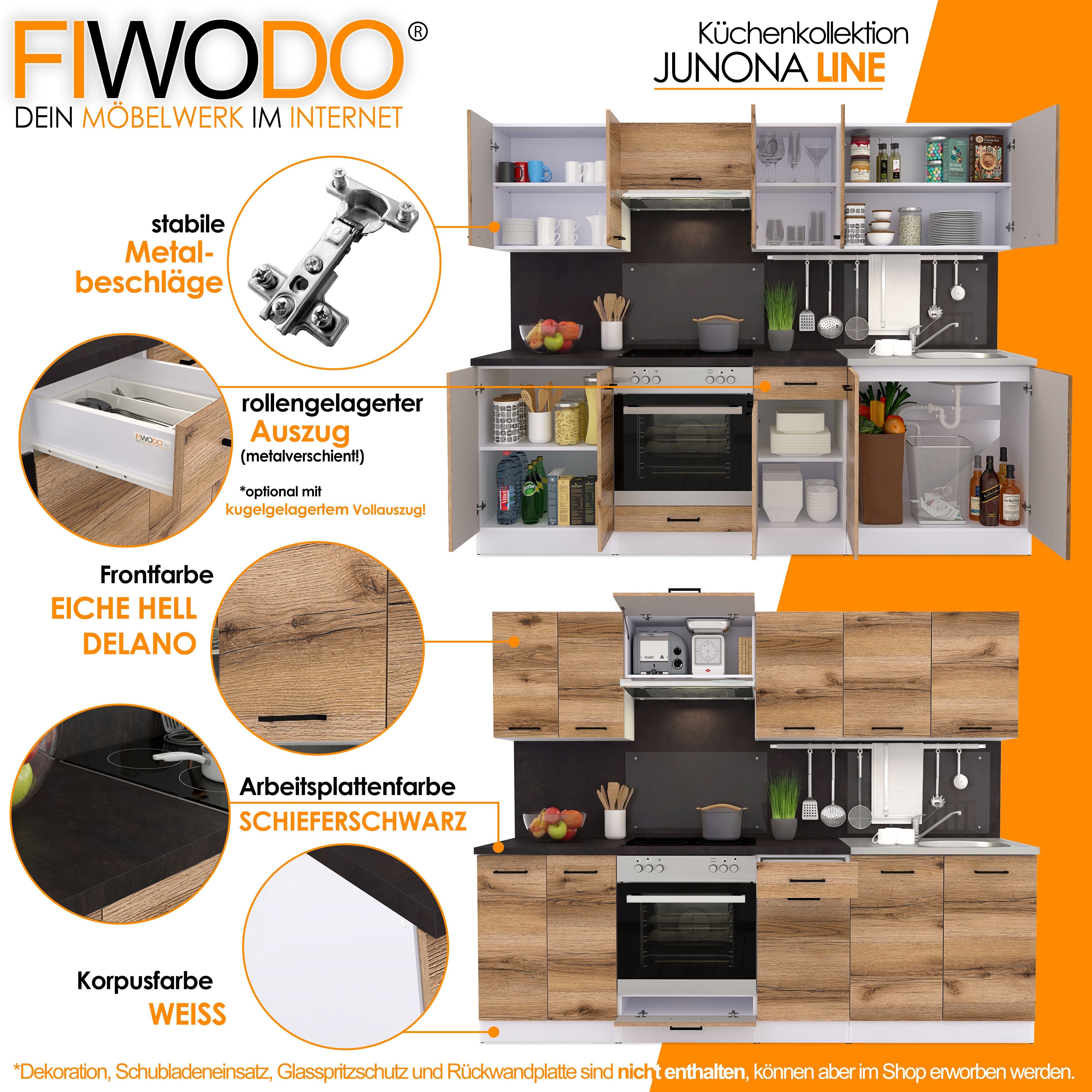 FIWODO.de - Dein Möbelwerk im Internet Küche Küchenzeile 240cm mit Elektrogeräten, Spülbecken und Arbeitsplatte, (Set), mit E-Geräten, Breite 240cm, mit Spülbecken, mit Arbeitsplatte