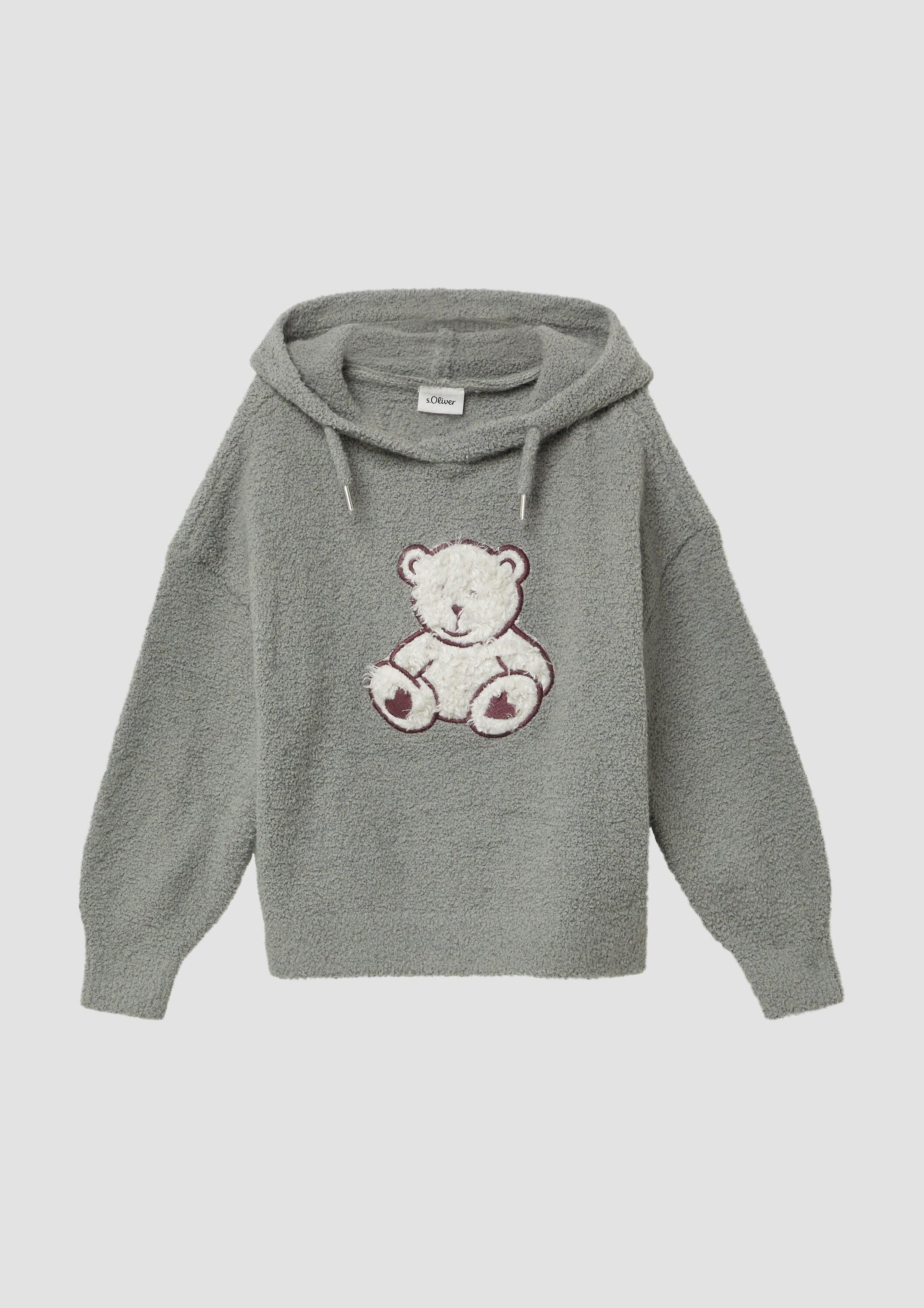 s.Oliver Longpullover Strickpullover Strickpullover aus Teddy-Plüsch mit Kapuze und Front-Applikation