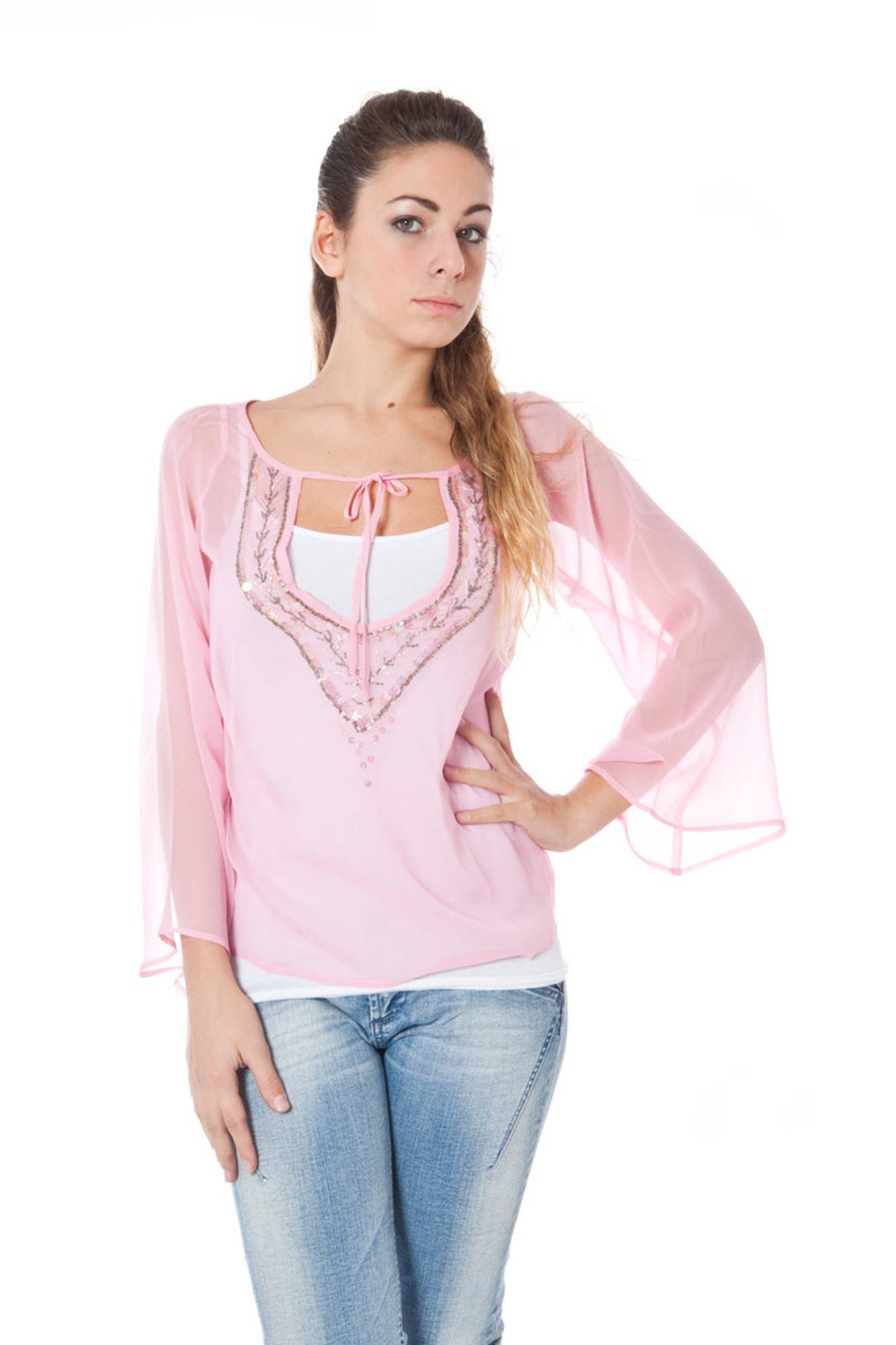 Phard T-Shirt Rosa Damen Langarmshirt mit V-Ausschnitt und