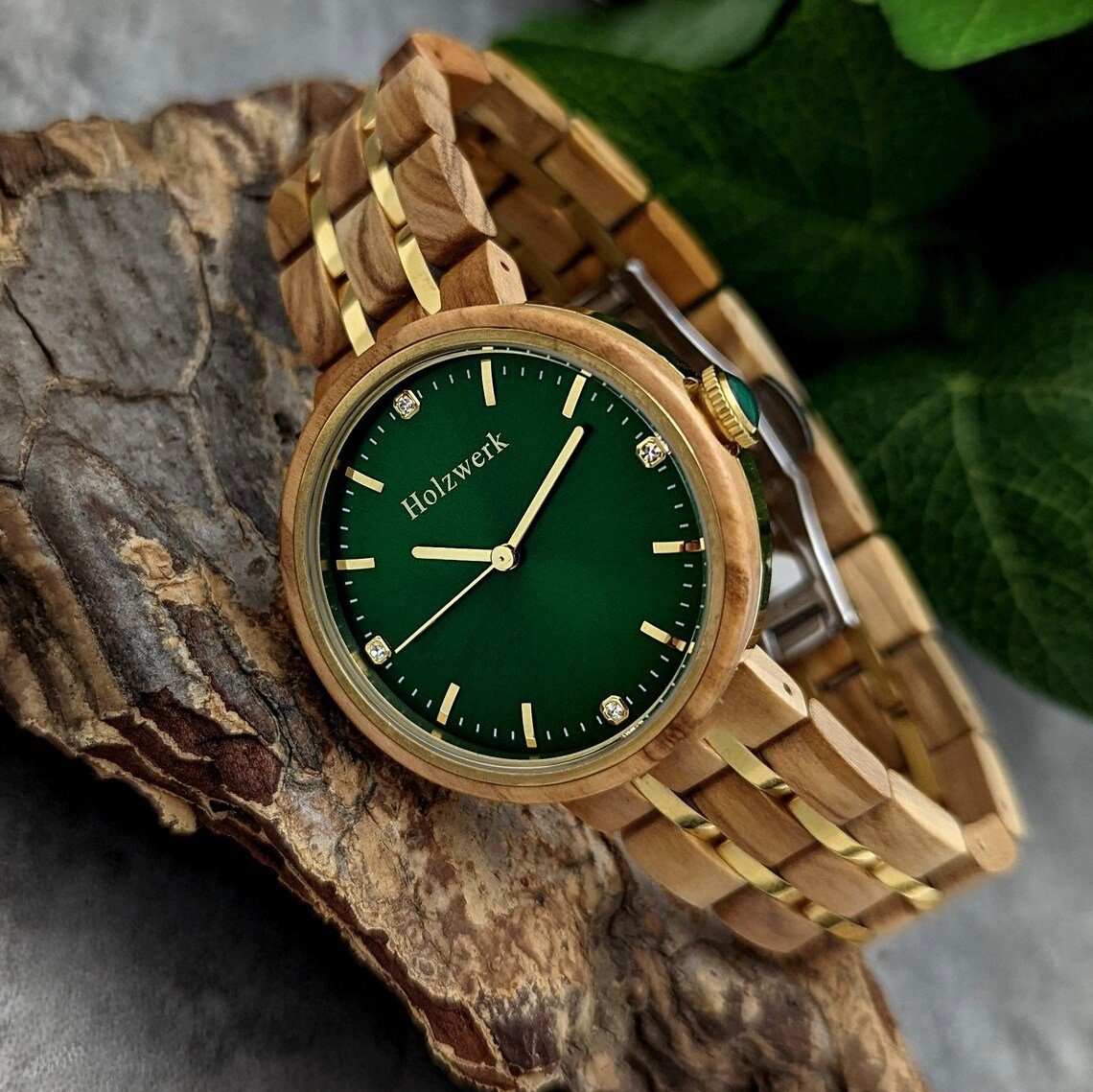 beige Holz gold grün & PIRNA Quarzuhr edle Damen Armband Uhr, braun, Holzwerk Strass