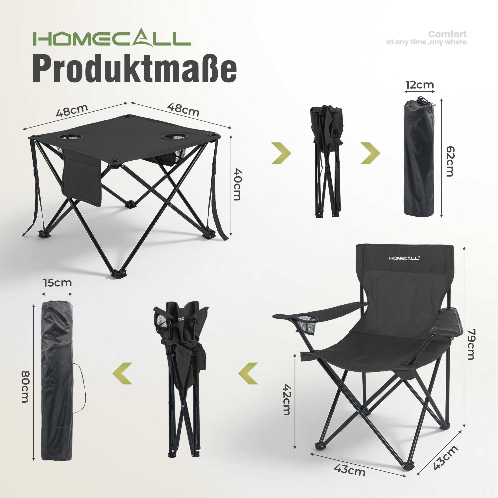 HOMECALL Campingstuhl Campingtisch mit Stühlen Klappstuhl Camping Faltstuhl Picknicktische (Rutschfest & Wetterfest, für Camping, Picknick, Angeln), Faltstuhl Campingstuhl mit Tisch Klapptisch mit Stühlen