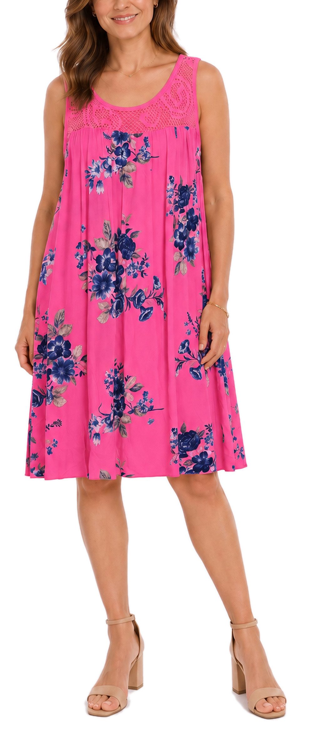 dy_mode Midikleid Damen Sommerkleid Blumenmuster Midi Kleid Strandkleid knielang Knielang, Transparente Häkel-Einsatz im Dekolleté- und Rückenbereich