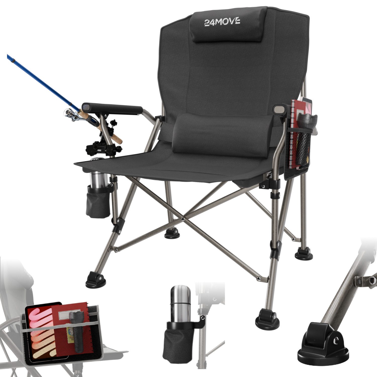 24Move Angelstuhl Campingstuhl Anglerstuhl faltbar inkl. Tragetasche, bis 150kg, inkl. Universalhalter und Getränkehalter, schwarz