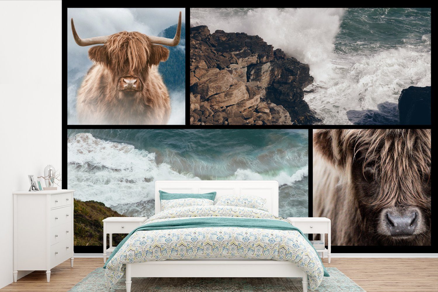 - (6 Schlafzimmer, Tapete Schottischer Collage Vinyl Highlander Steine Wohnzimmer, Matt, bedruckt, St), Meer, - - Fototapete MuchoWow für Wallpaper Kinderzimmer,