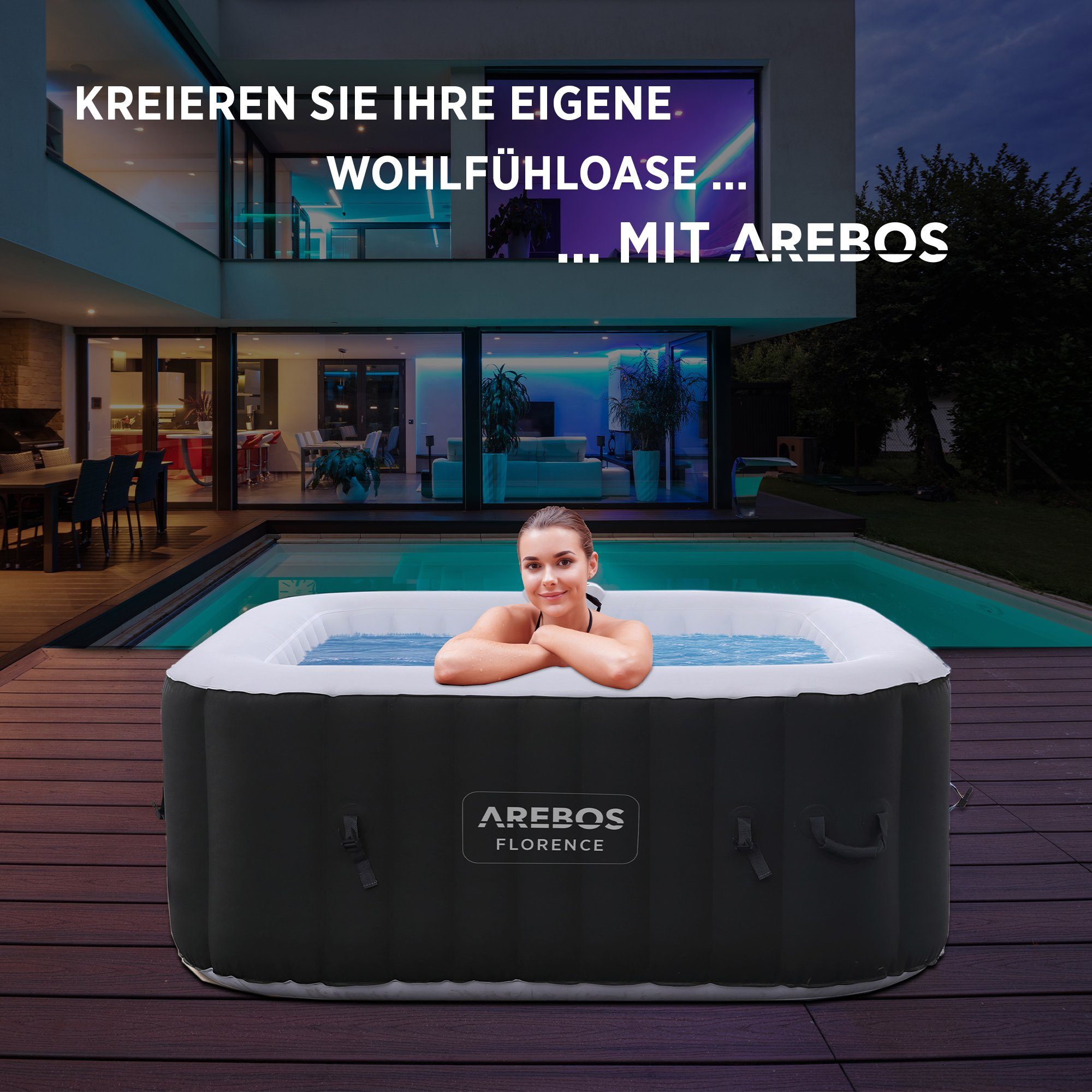 Arebos Whirlpool FLORENCE & BARECELONA Aufblasbar 4 oder 6 Personen mit 100/130 Düsen, (Komplett-Set), für Outdoor & Indoor