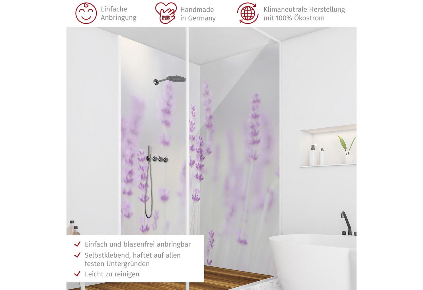 Thumbnail - Bilderdepot24 Badrückwand Blumen violett Duschrückwand ohne Bohren Dusche Landhaus, (2-tlg., Hart-Folie Premium matt 0,6...