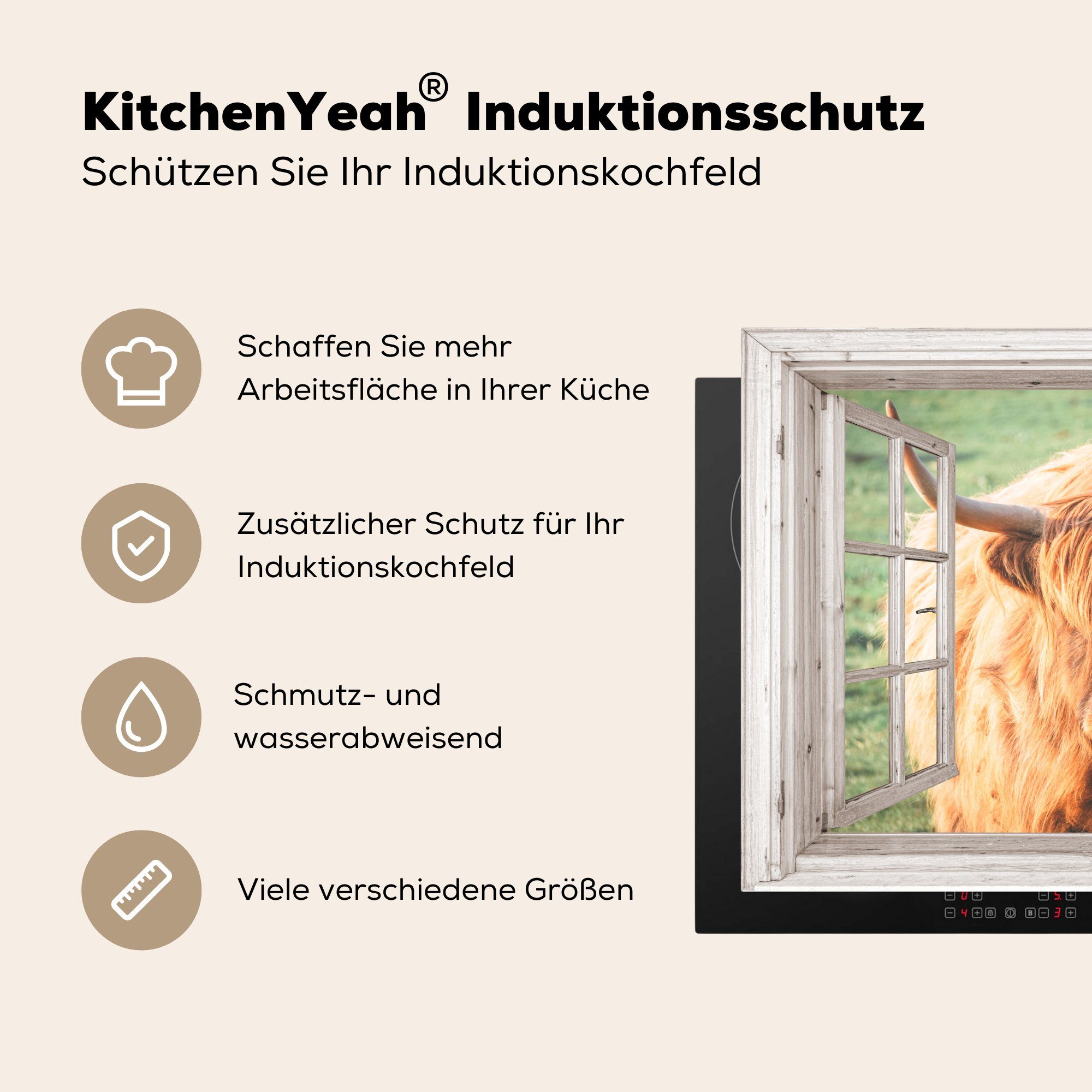 cm, Kuh Induktionskochfeld Highlander Herdblende-/Abdeckplatte - Schottischer Ceranfeldabdeckung Vinyl, tlg), 71x52 Ansicht, die für küche, - (1 Schutz MuchoWow