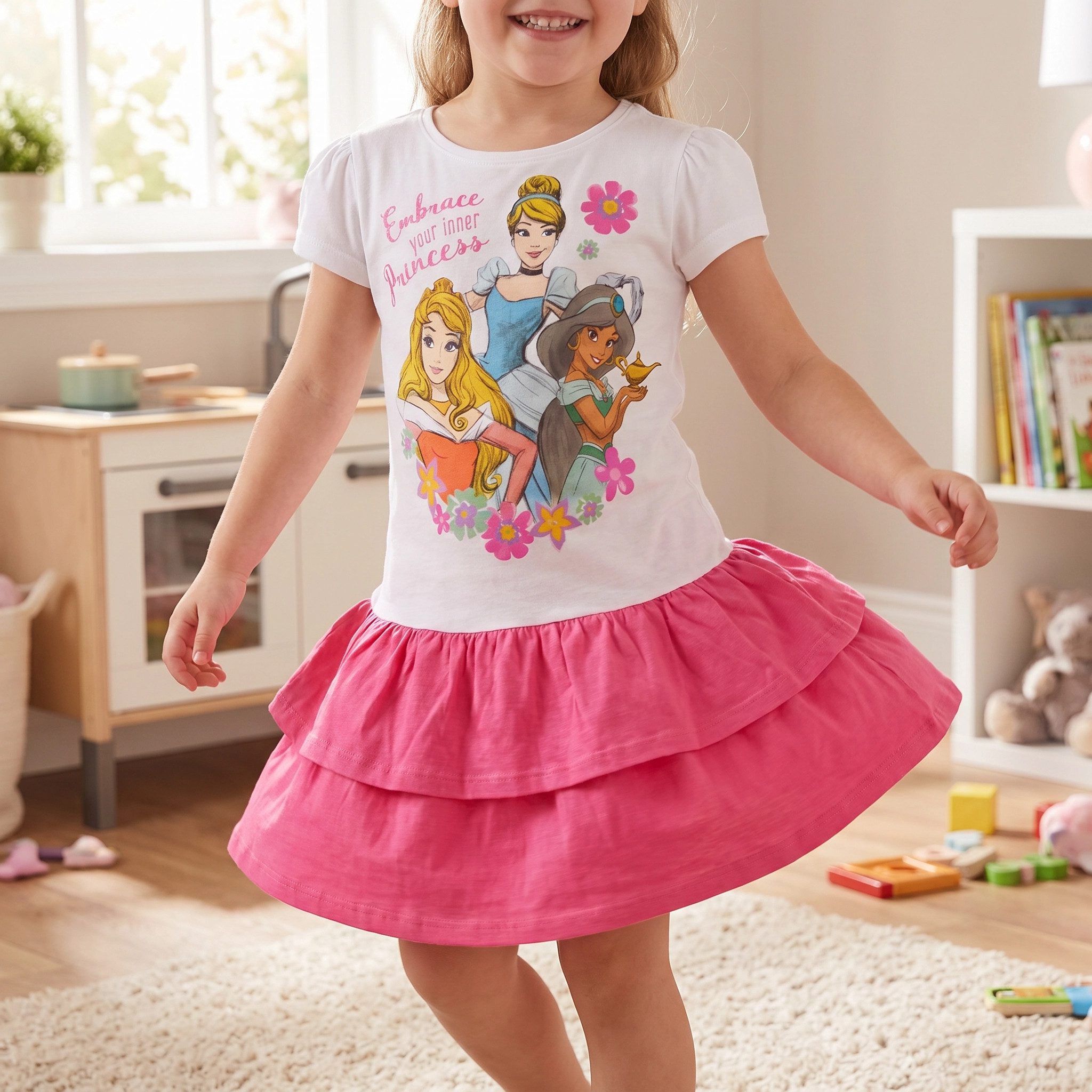 Disney Princess Sommerkleid Disney Prinzessin Mädchen Kinder Kleid Gr. 98 bis 128, 100% Baumwolle