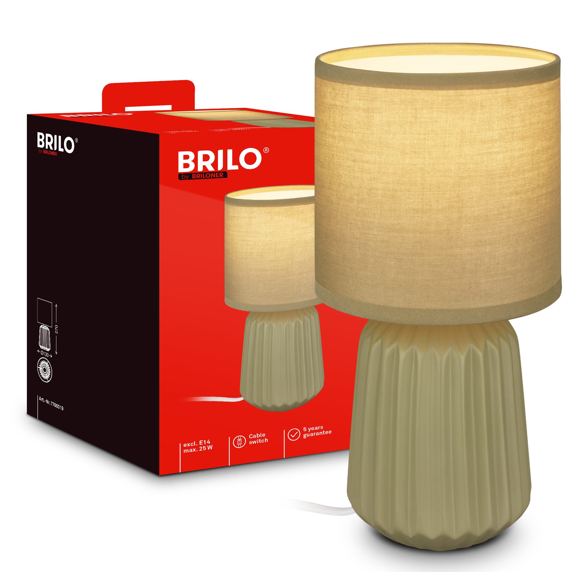 Briloner Leuchten LED Tischleuchte Tischlampe Keramik E14 Stoffschirm Kabelschalter Kommodenlampe, ohne Leuchtmittel, Abhängig vom Leuchtmittel, 13x27 cm, Schlafzimmer, Wohnzimmer, Flur