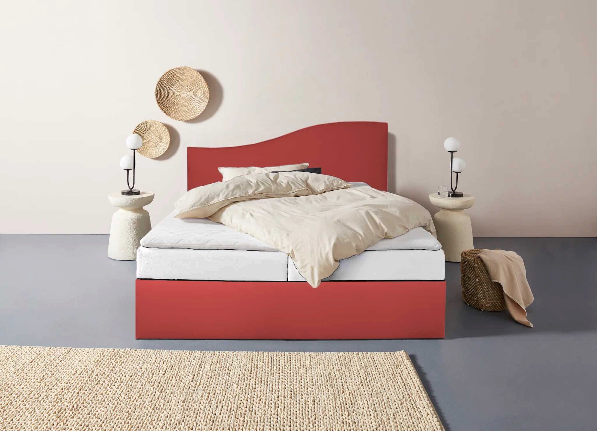 Halmon Schlafkomfort Betten Polsterbett London (Mit Stauraum, Matratze-Härtegrad auf Anfrage, in 6 Größen und 10 attraktiven Farben mit oder ohne Matratze), geschwungene Kopfteil, inkl. Lattenrost bei Ausführung mit Matratze