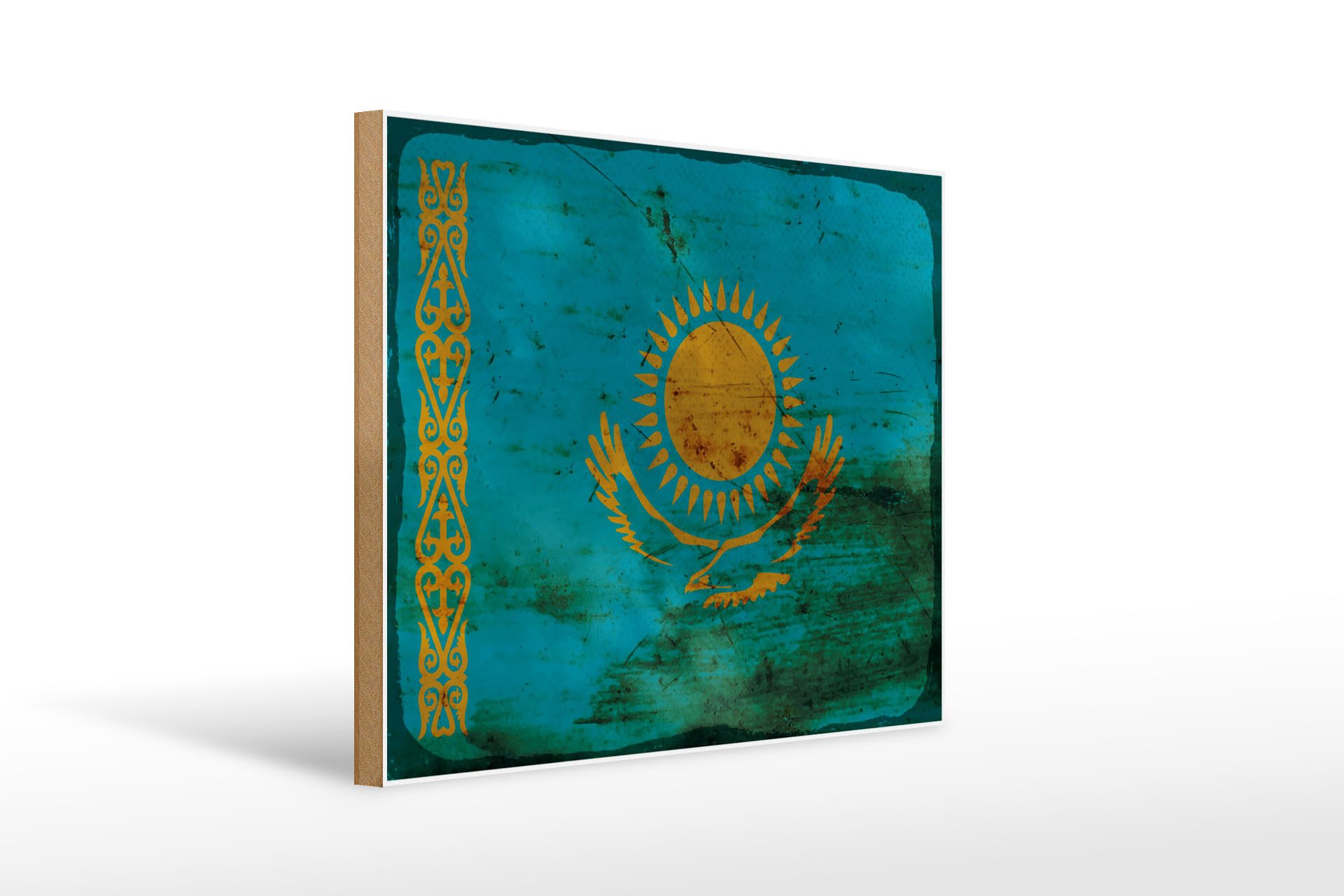 Femer GmbH Holzbild Flagge Kasachstan 40x30cm Kazakhstan Rost, Flaggen (1 St), Glatte Holzfaserplatte (MDF), vorn beschichtet