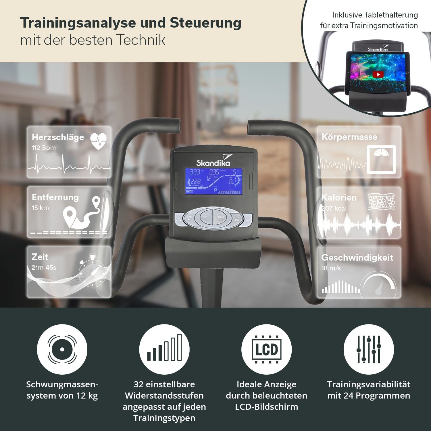 Skandika Ergometer für Zuhause, Fahrrad Morpheus, bis 150 kg, Bluetooth, inkl. Pulsgurt (Tablet-/Smartphone-Halterung, Transportrollen, mit Bodenschutzmatte), 12kg Schwungmasse, 32 Stufen, 24 Programme, kompatibel mit Kinomap/App