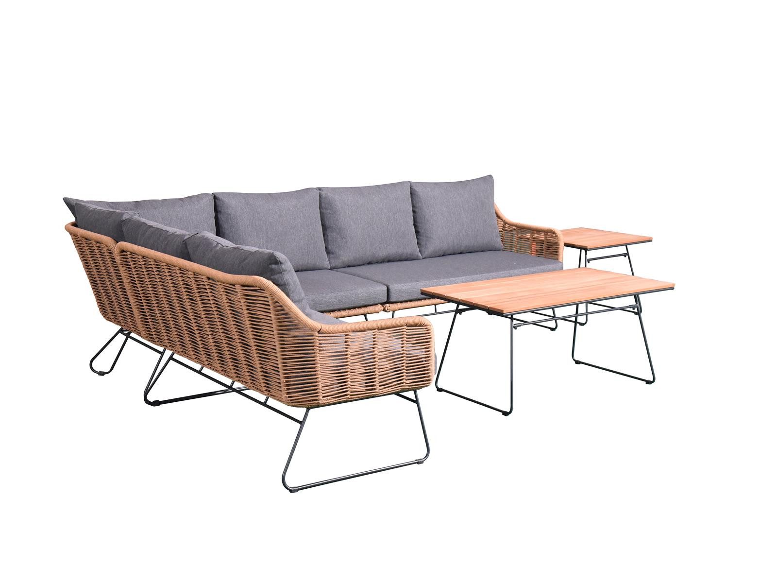 Green Spirit Loungeset Monaco Gartenlounge Ecklounge 6 Personen Polyrattan Grau Teakholz, (Set, 6-tlg., Teakholz-Tischplatte), Polyrattan, grau, 5 Personen, wetterfest, Garten, Terrasse, Outdoor