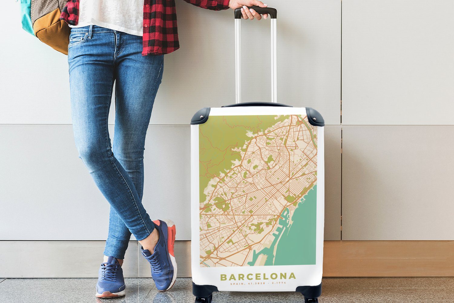 MuchoWow Handgepäckkoffer Karte Vintage, Trolley, für 4 - Reisekoffer Handgepäck rollen, Ferien, Rollen, - Reisetasche Stadtplan mit - Barcelona