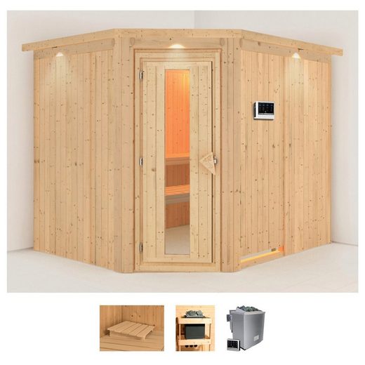 Karibu Sauna »Marit«, BxTxH: 231 x 196 x 198 cm, 68 mm, (Set) 9-kW-Bio-Ofen mit externer Steuerung