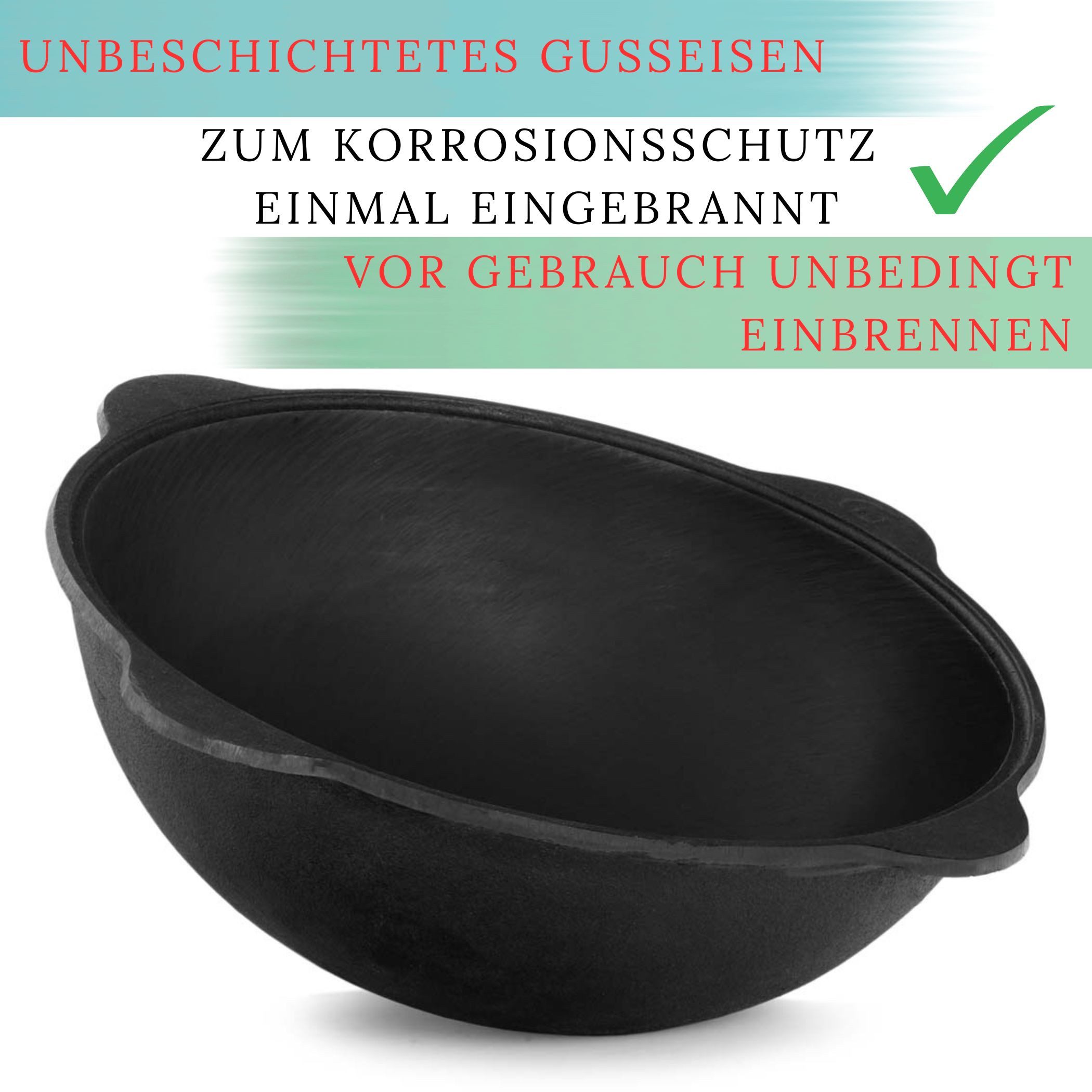 BIG-PAN Wok Authentischer usbekischer Kazan aus Gusseisen 10L mit Aluminium Deckel, (Namangan Dutch Oven Asia Wok Gusseisentopf, für Plov, Grill & Outdoor Küche – Bild 4 von 5