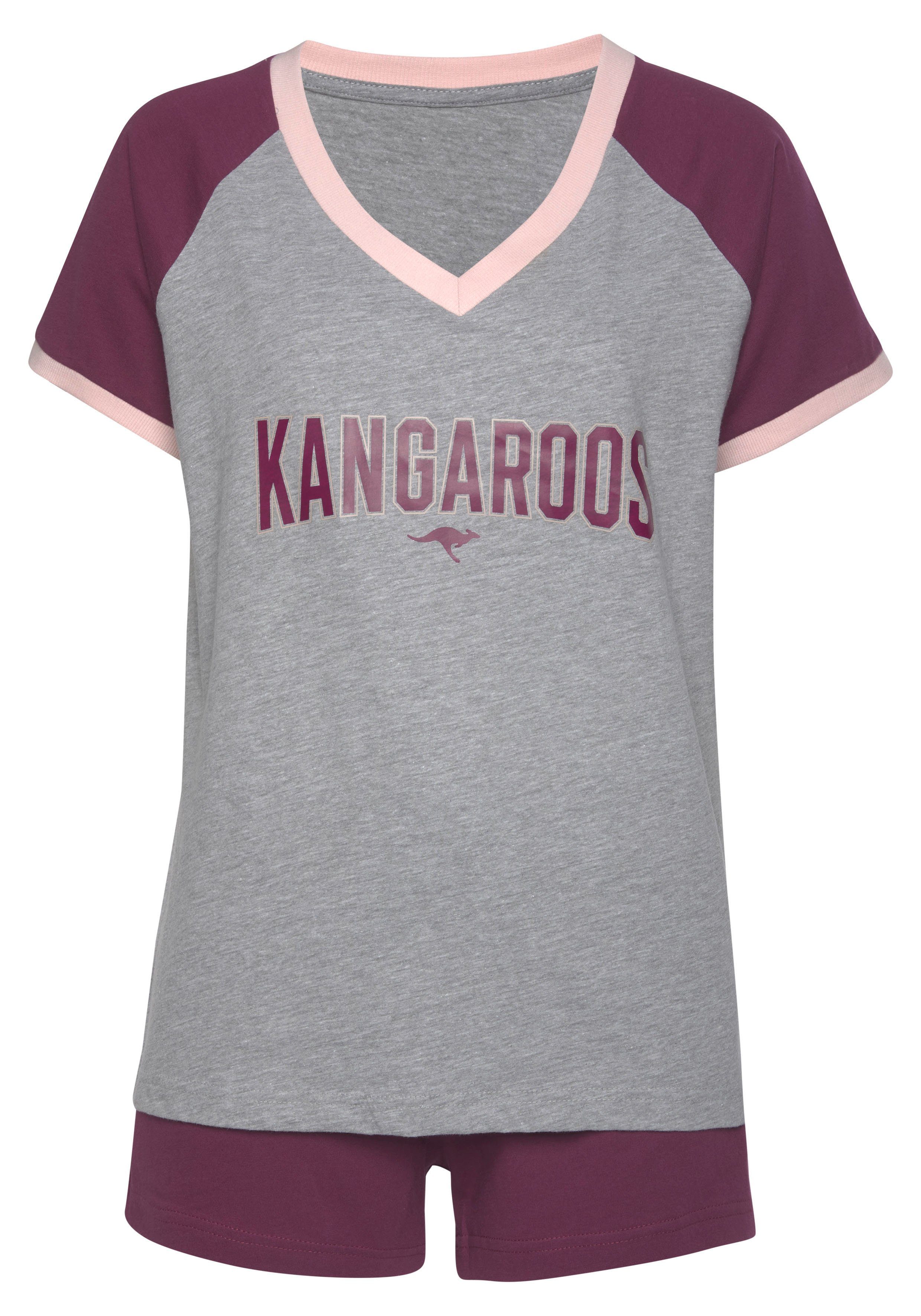 KangaROOS Shorty (2 1 bordeaux-grau-meliert Raglanärmeln tlg., mit Stück) kontrastfarbenen