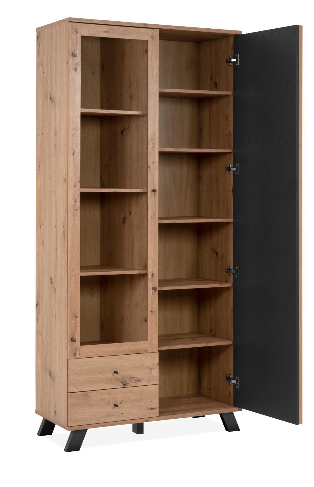 Finori Stauraumvitrine Madem (Vitrinenschrank 199 mit cm) in 10 Holzlamellen 92 Eiche Artisan Dekor, Fächer, x