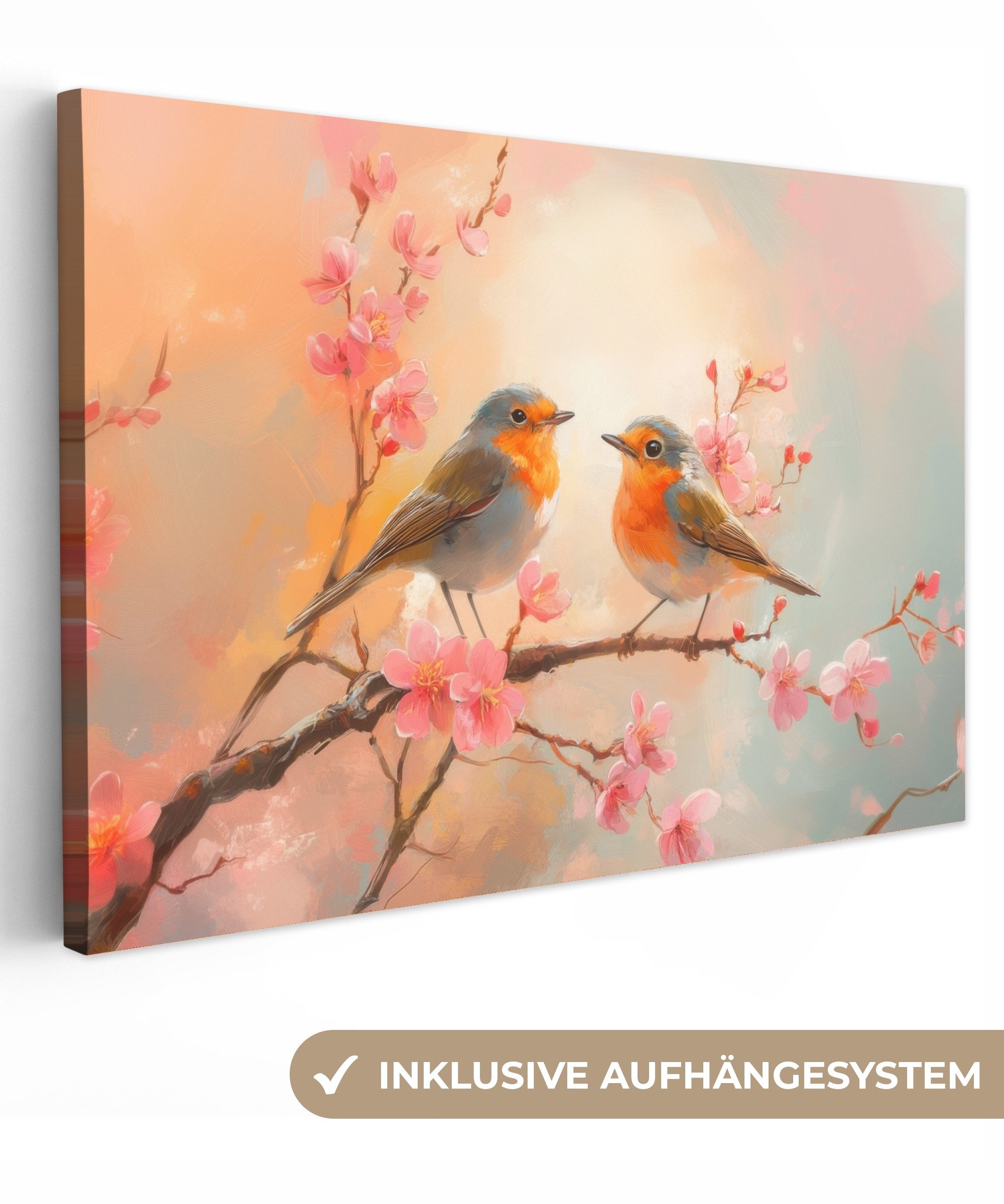 OneMillionCanvasses® Leinwandbild Rotkehlchen - Zierpflanze - Blütenzweig, günstig online kaufen