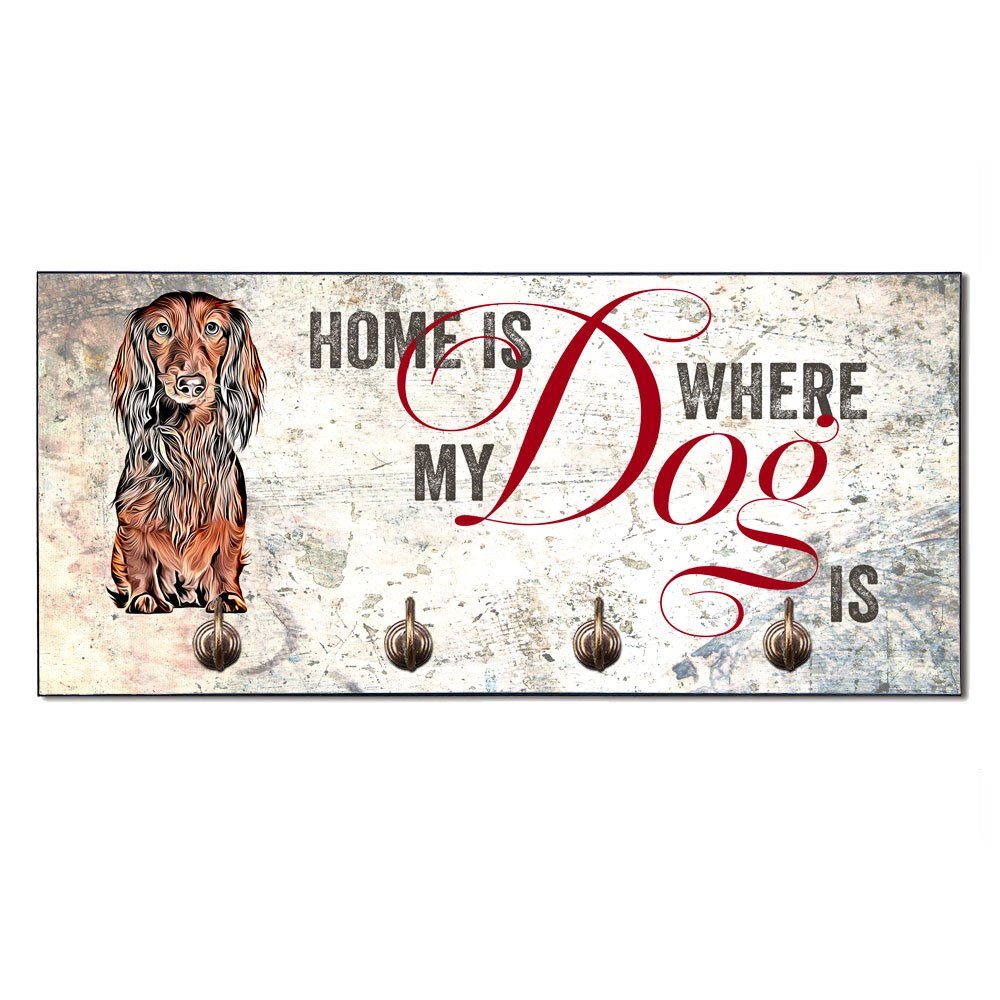 Cadouri Wandgarderobe LANGHAARDACKEL Hundegarderobe - Wandboard für Hundezubehör (Garderobe mit 4 Haken), MDF, mit abgeschrägten Ecken, handgefertigt, für Hundebesitzer