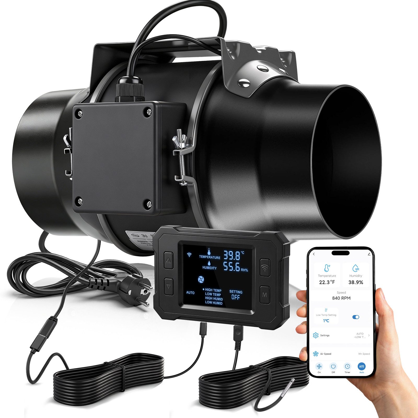 XERSEK Badlüfter 150mm Smart-Steuerung Rohrventilator Kanalventilator, EC-motor 683m³/h, Rohrlüfter mit Temp.-/Feuchtesensor für Bad Küche Growzelt Maschinen