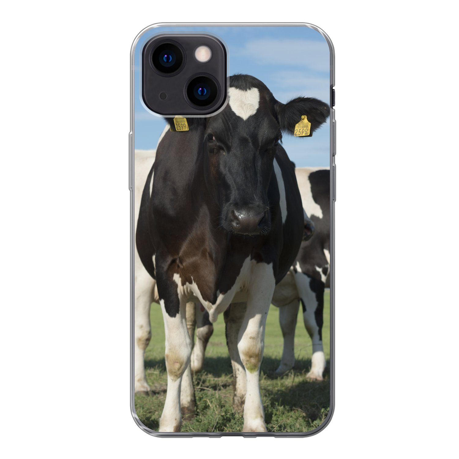 MuchoWow Handyhülle Kuh - Gras - Blau - Schatten, Handyhülle Apple iPhone 13 Mini, Smartphone-Bumper, Print, Handy