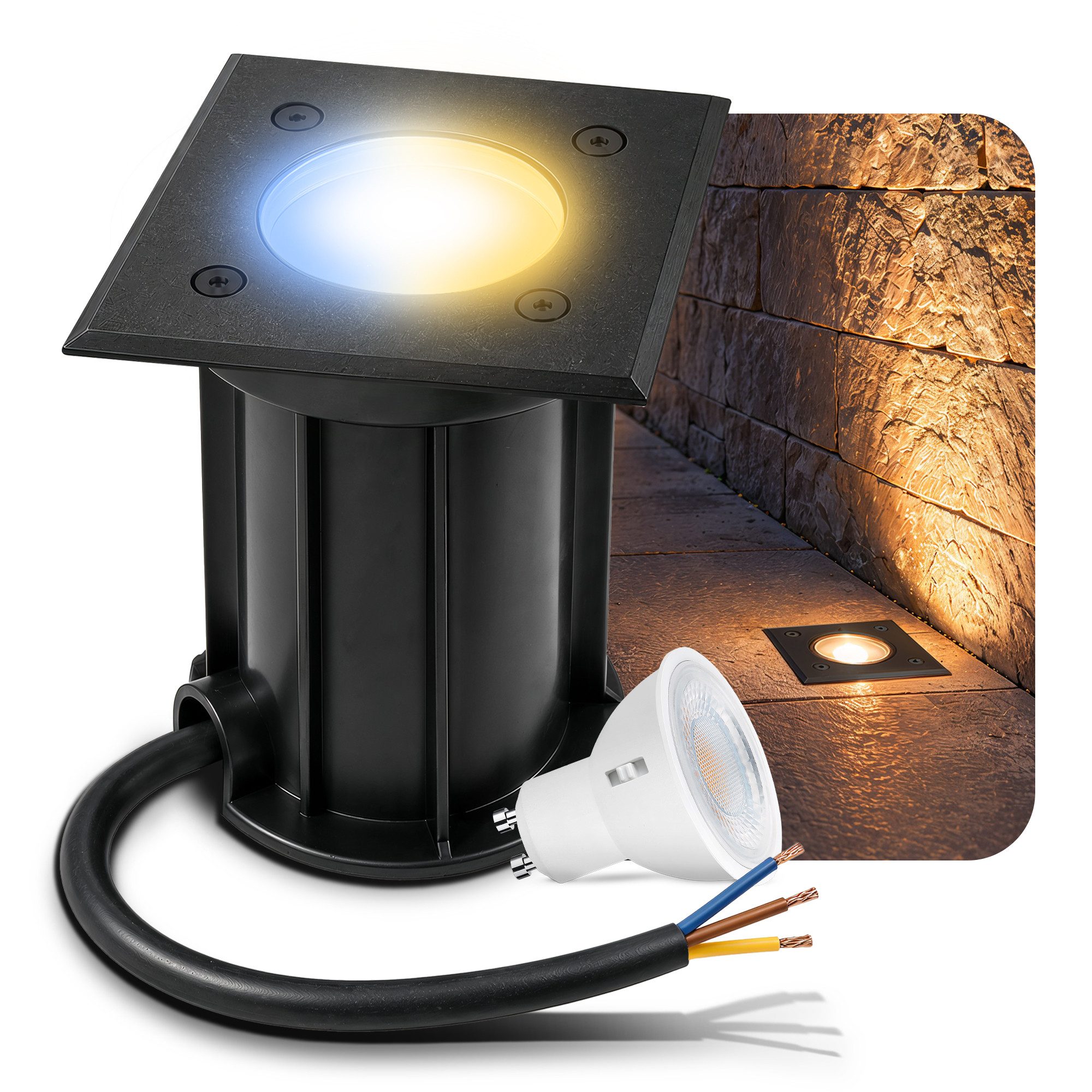 linovum LED Gartenstrahler BOQU Bodeneinbauleuchte schwarz & eckig mit LED GU10 Strahler 6W, Tageslichtweiß, Warmweiß, Neutralweiß