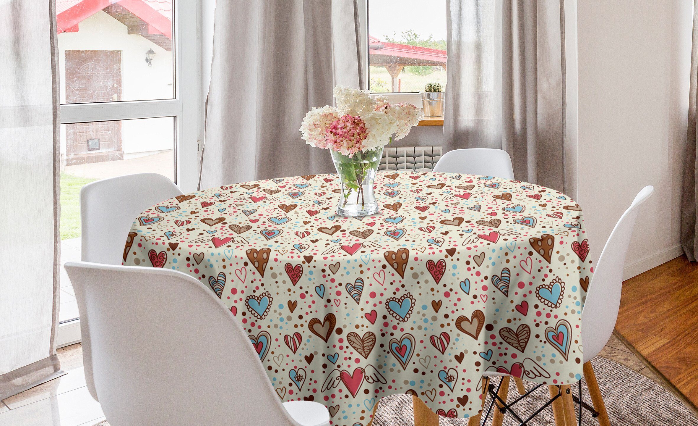 Abakuhaus Tischdecke Kreis Tischdecke Abdeckung für Esszimmer Küche Dekoration, Valentines Hand gezeichnete Herzen | Tischdecken