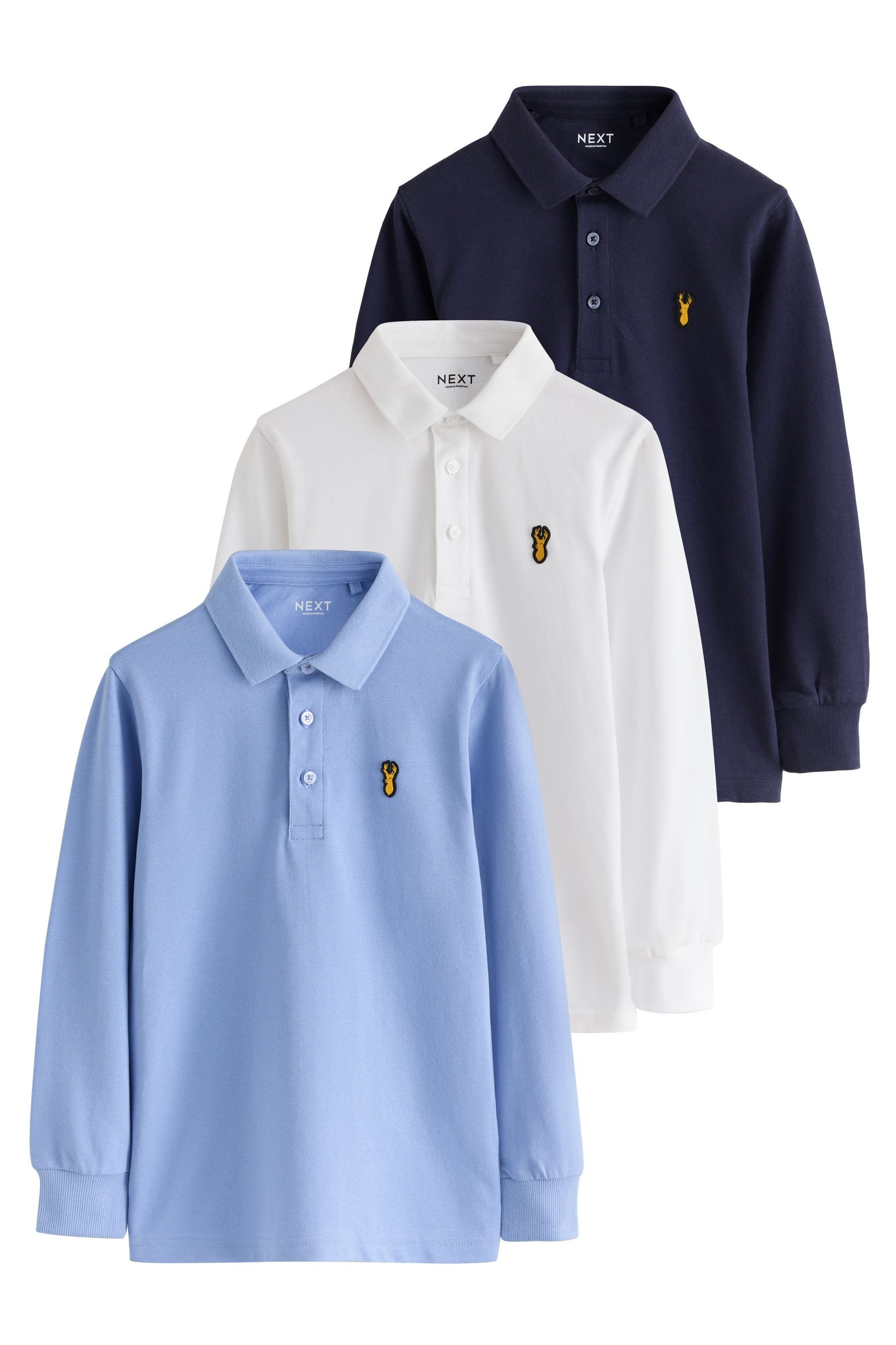 Next Langarm-Poloshirt Langärmelige Poloshirts, 3er-Pack (3-tlg)