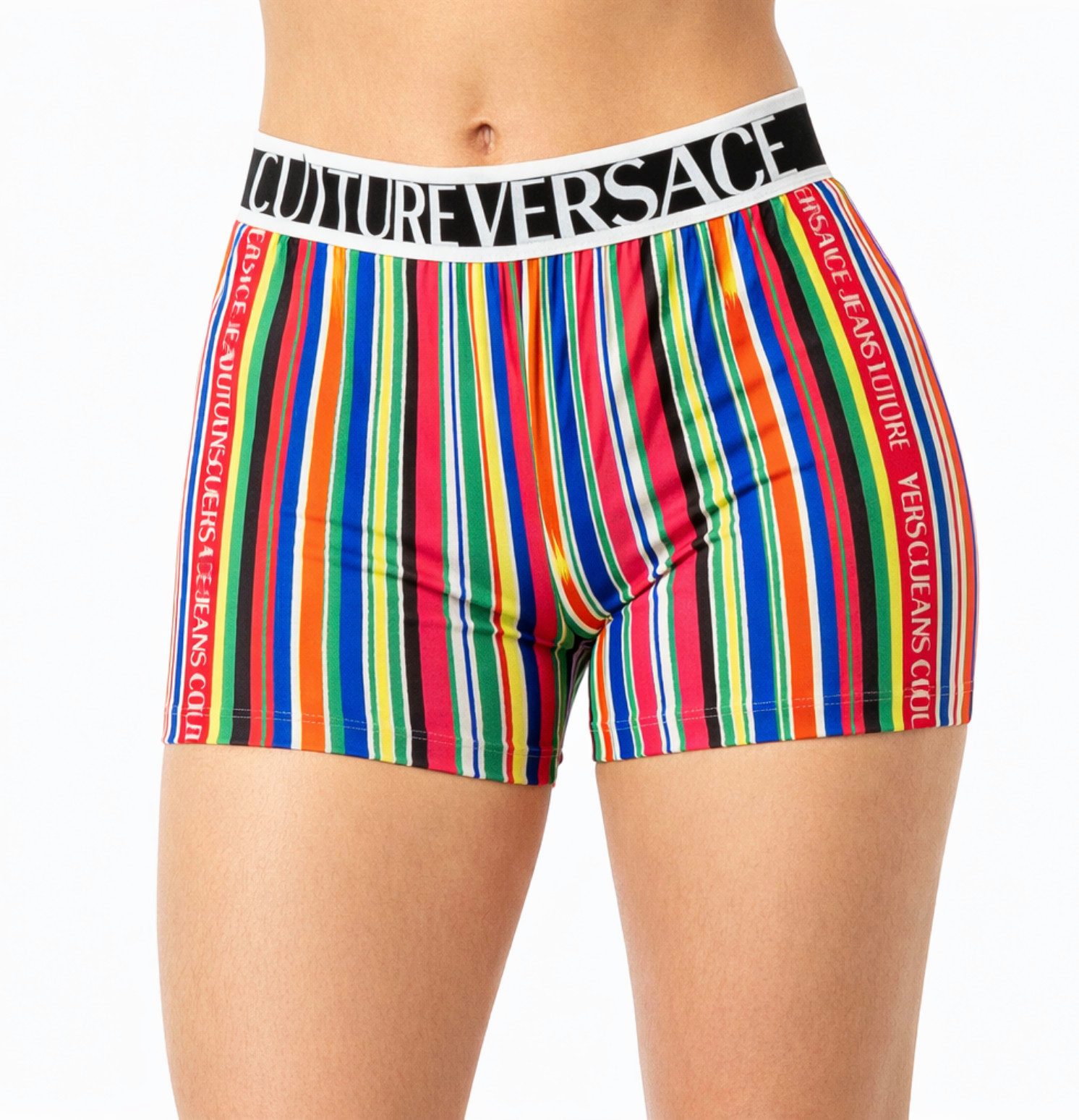 Versace Jeans Couture Shorts X PRIDE Hotpants 90er Jahre Gestreifte Multicolor Hergestellt in Italien,Bund mit dem ikonischen Versace-Schriftzug