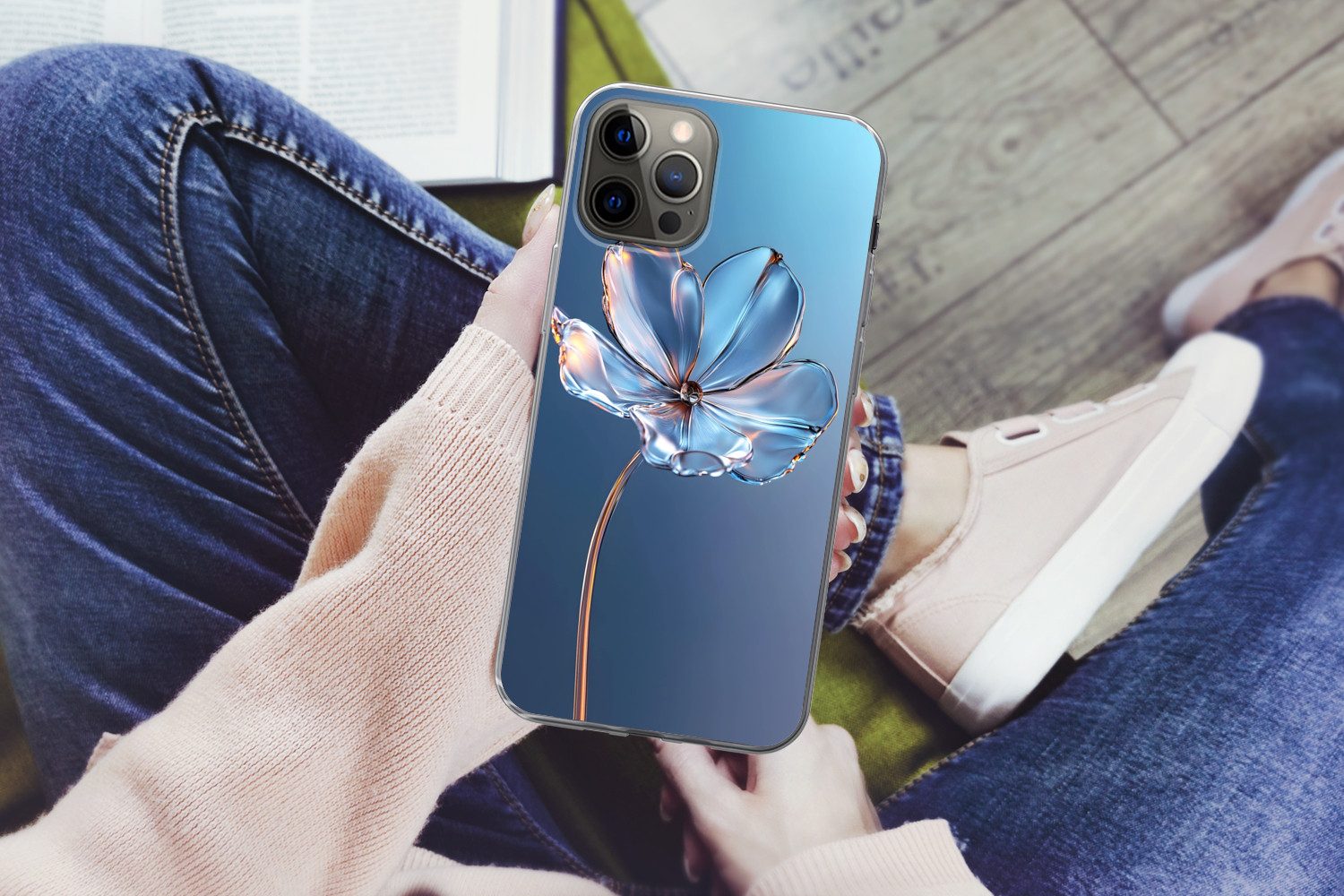 MuchoWow Handyhülle für Apple iPhone 13 Pro Max Blau - Blume - Gläser - Verziert, Smartphone-Bumper, Print, Handy Schutzhülle Dünn