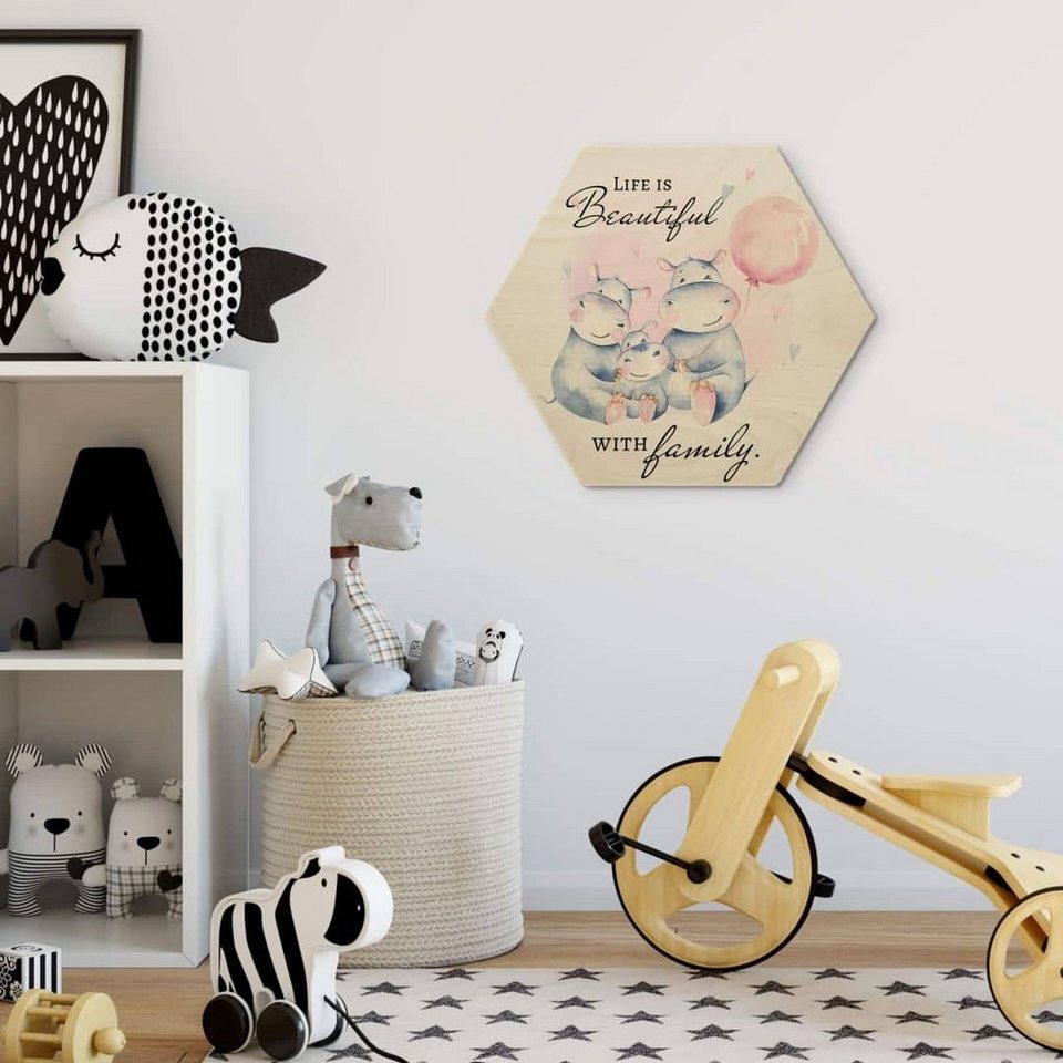 K&L Wall Art Gemälde Hexagon Holzbild Nilpferd Familie Kinderzimmer  Flusspferd Safari Kvilis, Wandbild Birke-Furnier naturbelassen