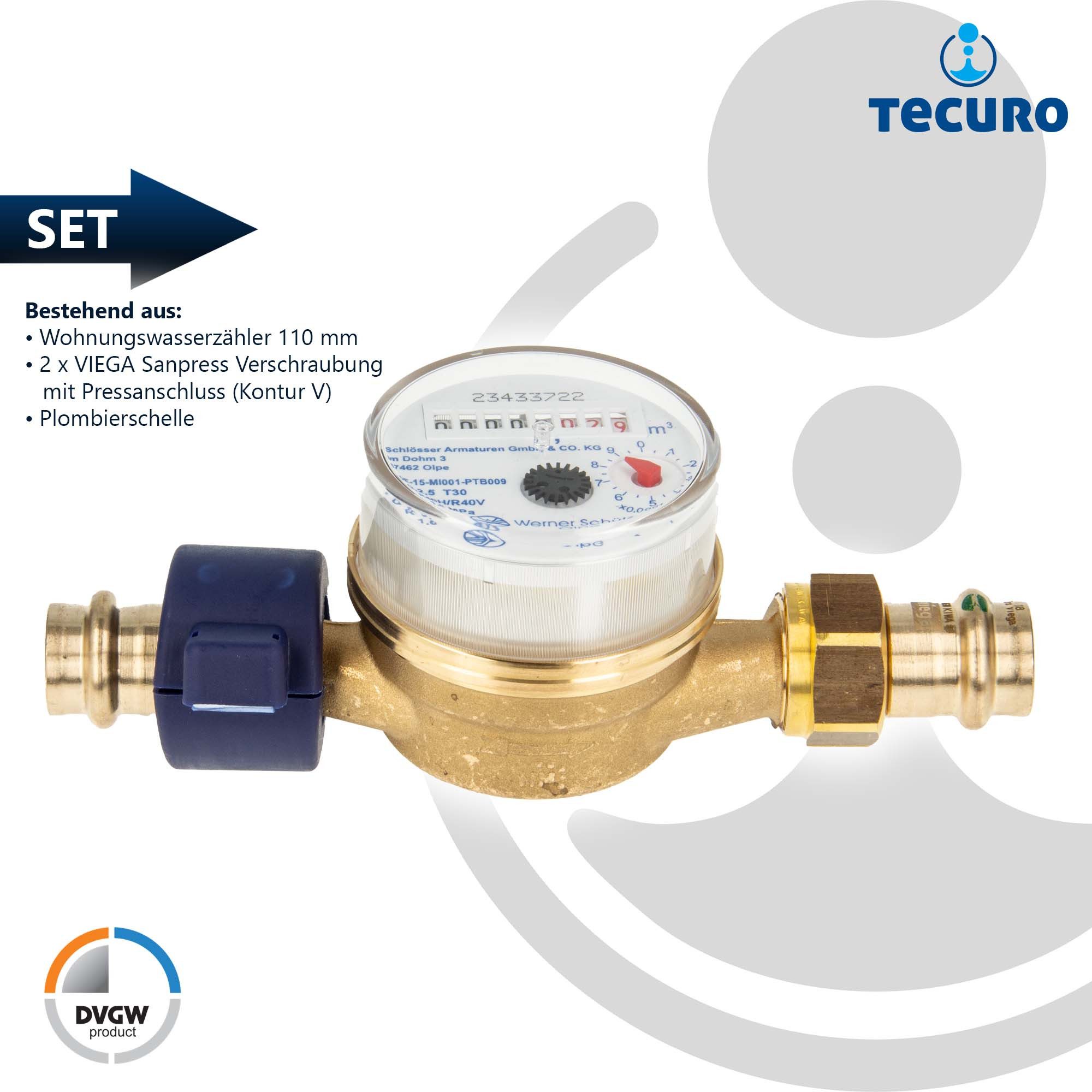 Thumbnail - tecuro Wasserzähler Kombi-Set Kaltwasser bis 30°C - Länge 110 mm, 3/4 Zoll AG, (inkl. Plombiersatz und Dichtung)