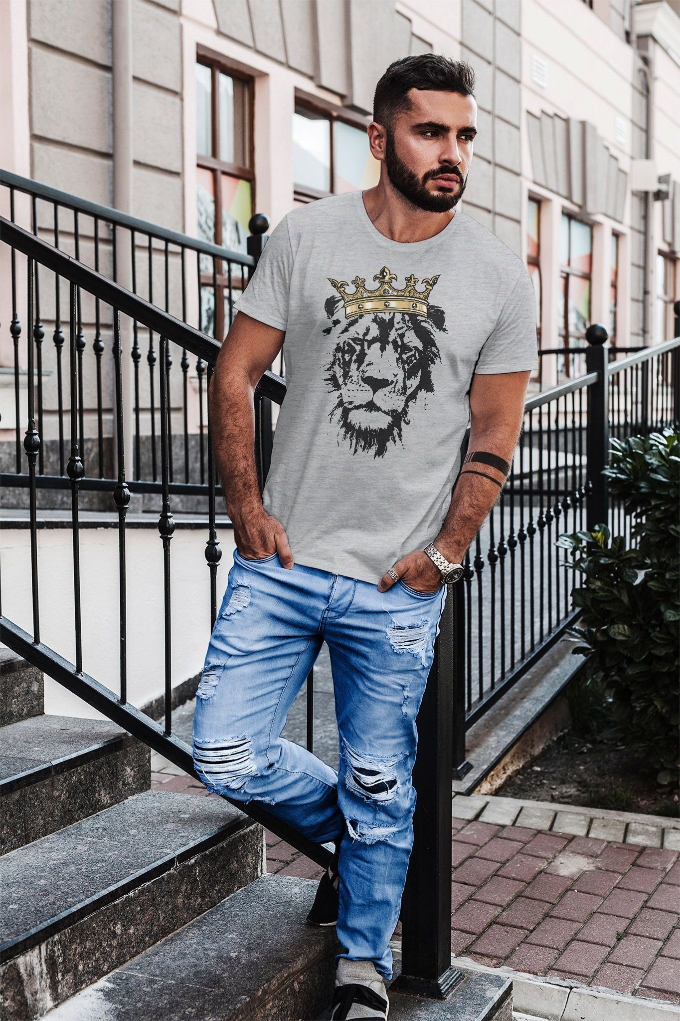 Löwen-Kopf Fit mit Print-Shirt grau Slim der Krone T-Shirt Print König Neverless Tiere Neverless® Herren mit