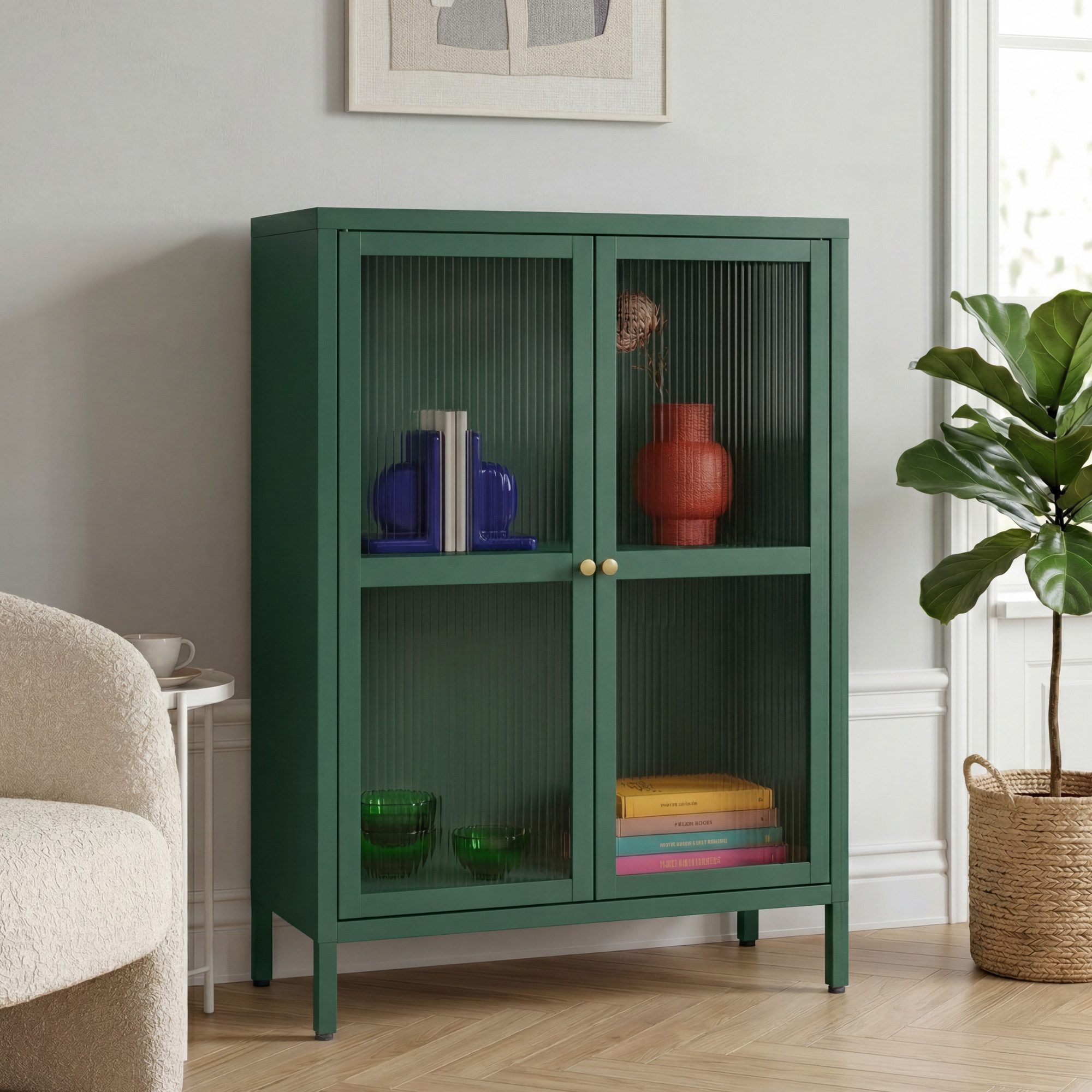 en.casa Sideboard, »Säkylä« Stahl mit 2 Glastüren geriffelt 84x64x35 cm Tannengrün