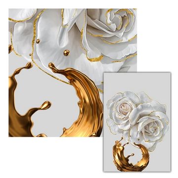 TPFLiving Kunstdruck (OHNE RAHMEN) Poster - Leinwand - Wandbild, Weiße Rose mit goldenem Blatt - (3 Motive und in 19 Größen zur Auswahl - Günstiges 3-er Set), Farben: Gold, Weiß - Größe: 13x18cm