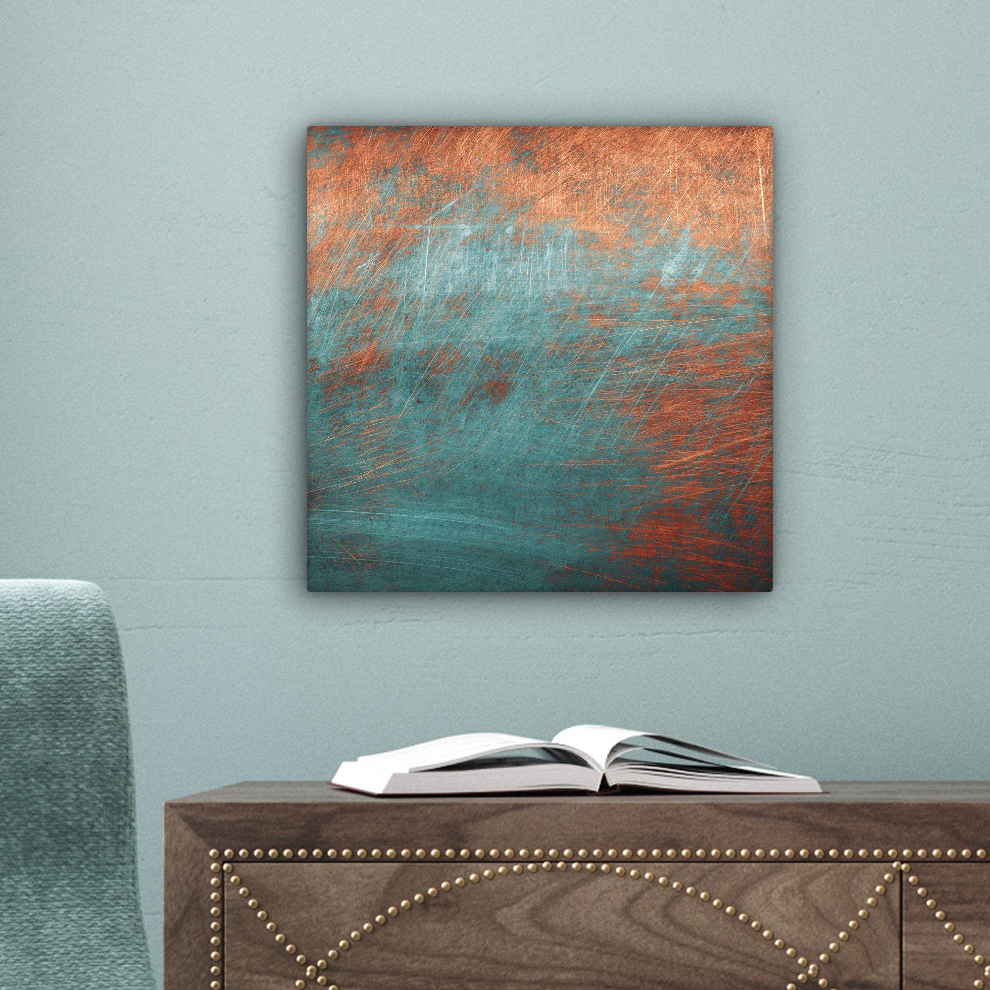 OneMillionCanvasses® Leinwandbild Metall - Rost - Bronze - Blau - Abstrakt - Struktur, Fotodruck (1 St), Leinwand Bilder Klein, Wand Dekoration Aesthetic 30x20  – Bild 3 von 5