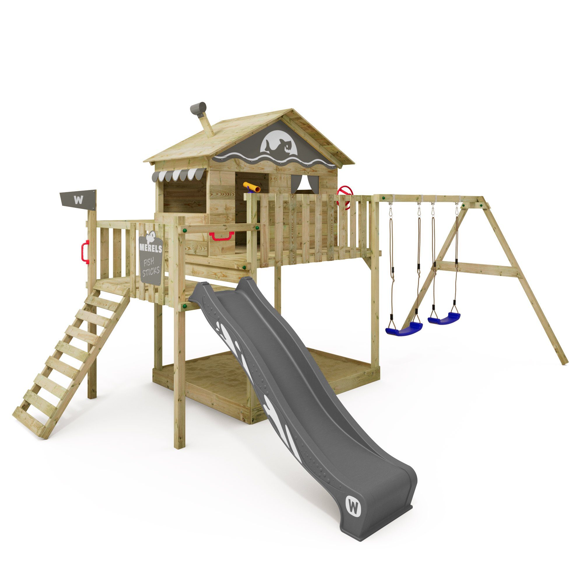Wickey Spielturm Smart Coast – Stelzenhaus mit Doppelschaukel, Rutsche & Sandkasten, Wetterfestes & langlebiges Holz – mit 10 Jahren Garantie*