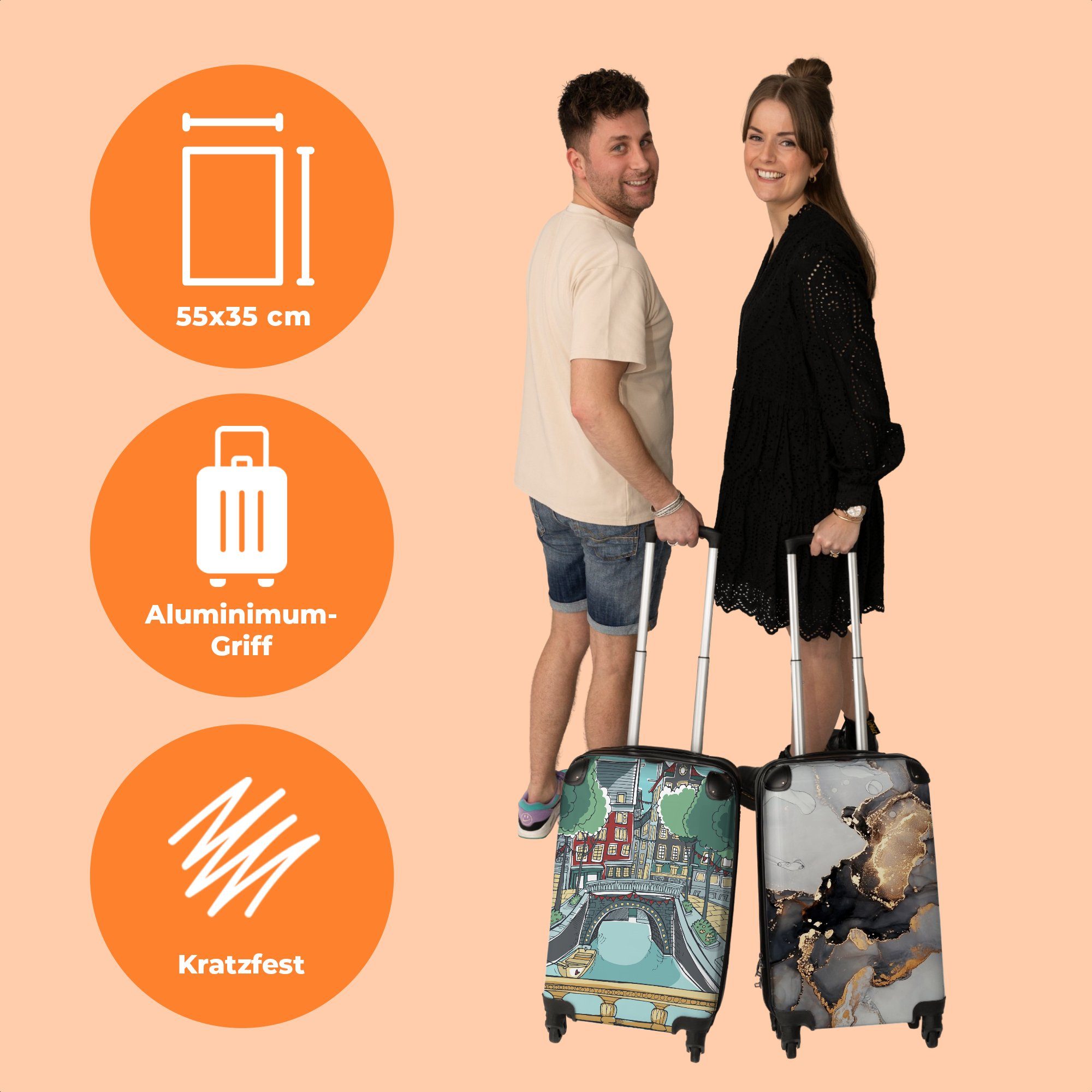 - NoBoringSuitcases.com© - - Trolley Amsterdam Rollkoffer Reisekoffer Handgepäck mit Cabin 55x35x20cm Rollen, Kleine Illustration Handgepäckkoffer Graben 4 - Niederlande, Rollen 4