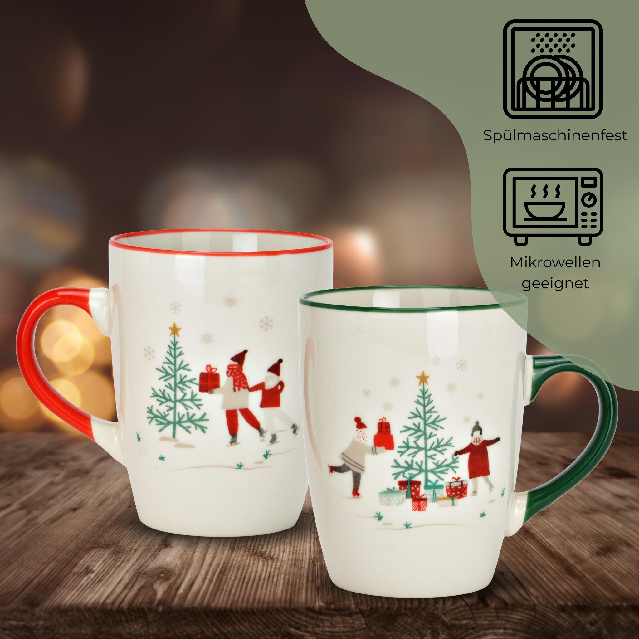 matches21 HOME & HOBBY Tasse Weihnachtstassen Set Design mit Geschenk-Motiv, Kaffeetasse 330 ml, 2-tlg., Porzellan, Tassen für Kaffee & Tee für Weihnachten