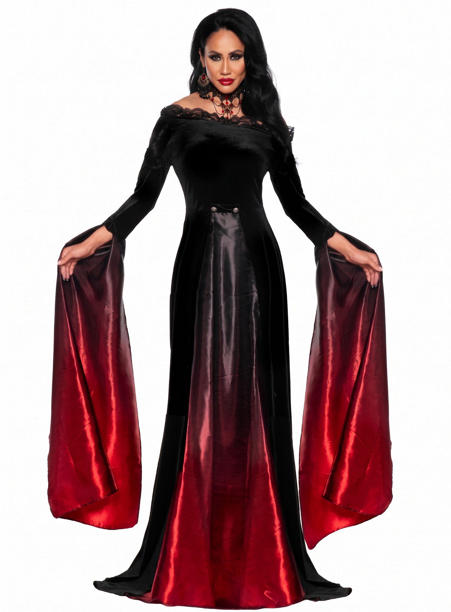 Underwraps Vampir-Kostüm Vampirlady - Horror Halloween Kostüm Damen, Satinglänzendes Kleid für düstere Damen