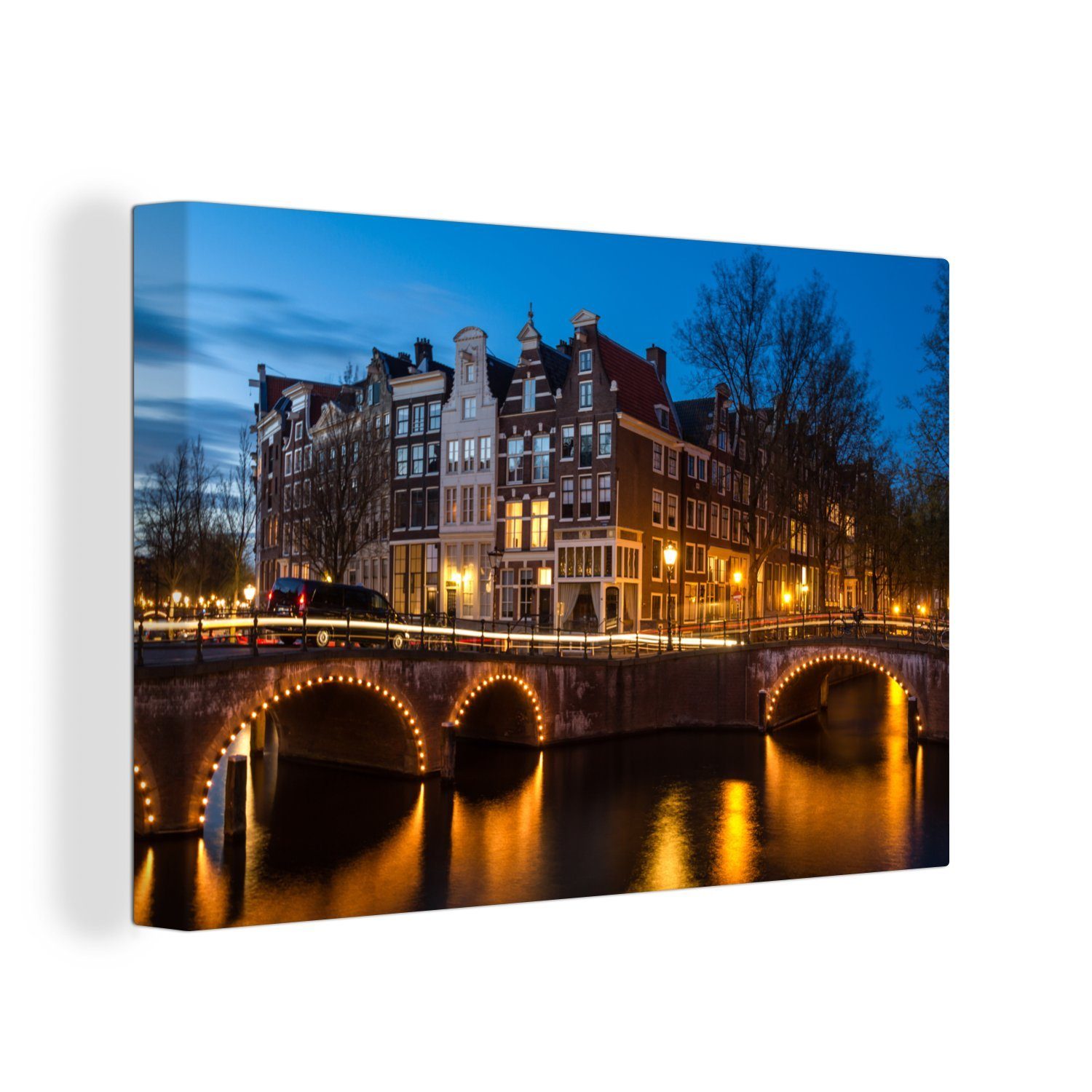 OneMillionCanvasses® Leinwandbild Die Keizersgracht in Amsterdam bei Nacht, (1 St), Wandbild Leinwandbilder, Aufhängefertig, Wanddeko, 30x20 cm