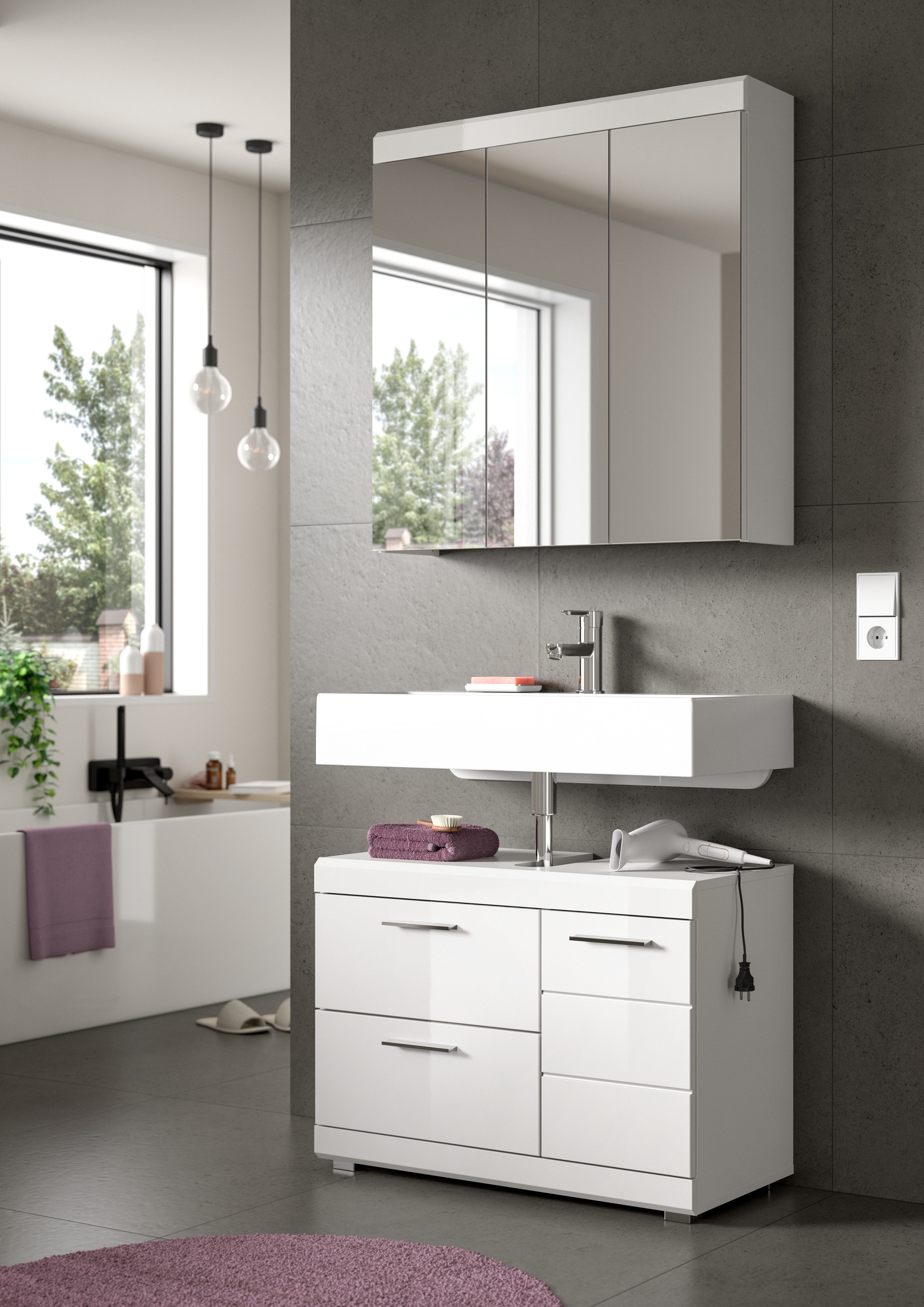welltime Badmöbel-Set SIENA, 2-teilig, Waschbeckenunterschrank & Spiegelschrank, MDF-Front, (TOPSELLER!, individuell um weitere Artikel der Serie SIENA erweiterbar), Badmöbel, Kombination, Badezimmer, Badset, Möbel-Set, Set