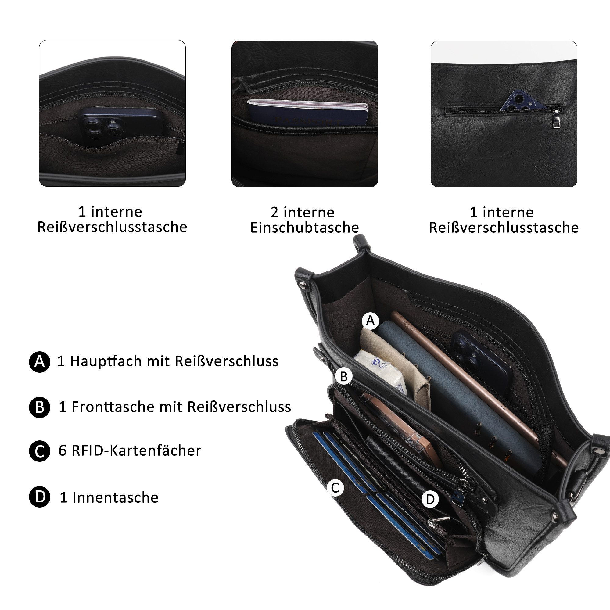 TANTOMI Umhängetasche Damen Schultertasche Mittelgroß, Crossbody Bag mit mehreren Fächern, Damen Handtasche Leicht Henkeltasche Schultertasche