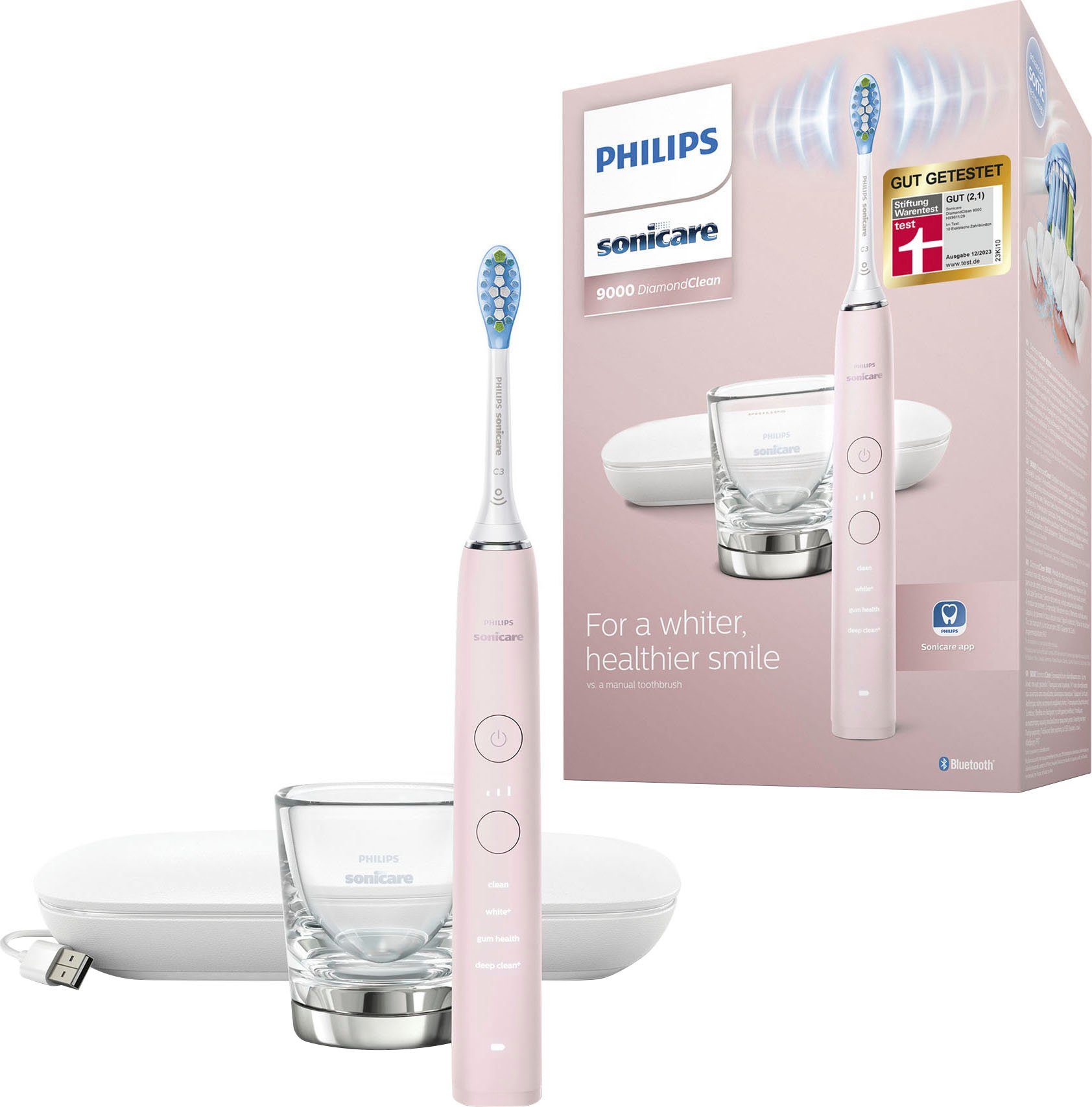 Philips Sonicare Elektrische Zahnbürste DiamondClean 9000 HX9911, Aufsteckbürsten: 1 St., mit Schalltechnologie, Ladeglass, USB-Reiseetui
