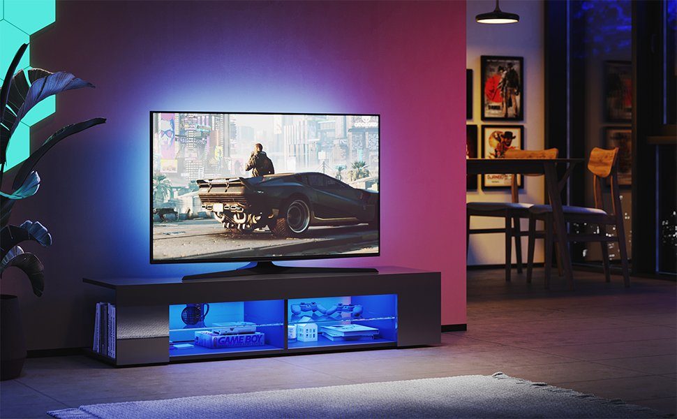 Glasböden, mit Modern Beleuchtung TV-Schrank Unterschrank, 135cm Schwarz Breite design SONNI TV-Lowboard mit LED Hochglanz