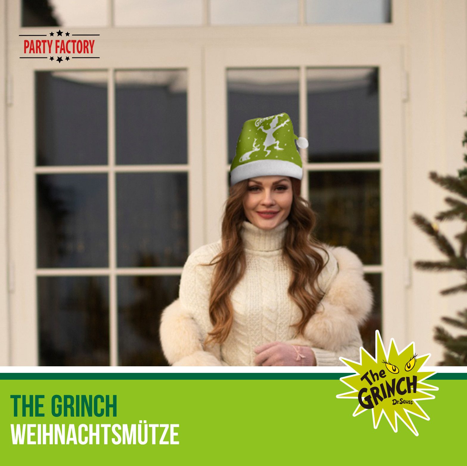 Party Factory Bommelmütze The Grinch Weihnachtsmütze grün-weiße Mütze 30 × 42 cm Polyester (1-St)